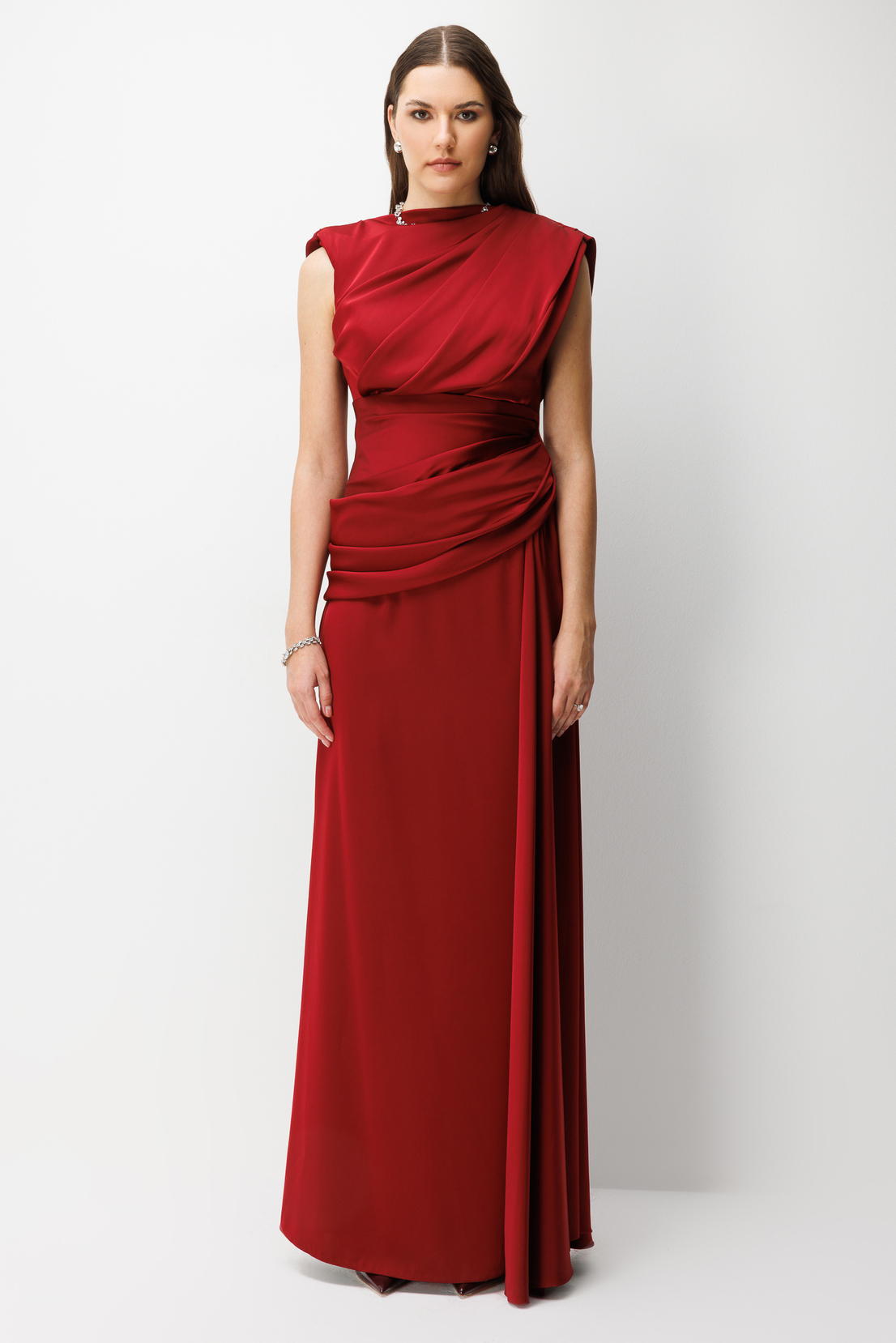 Degaje Yaka Saten Uzun Elbise  BORDO