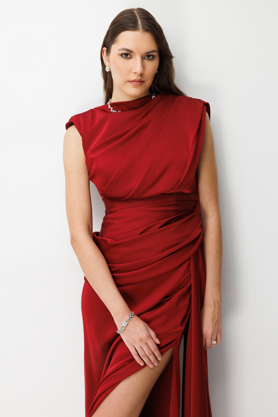 Degaje Yaka Saten Uzun Elbise  BORDO