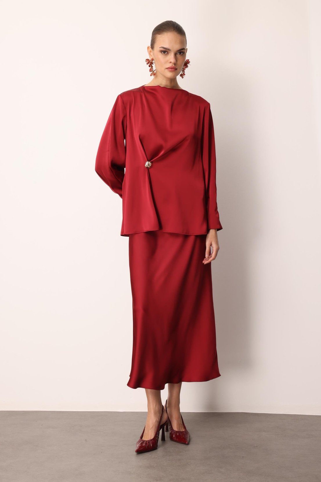 Degaje Yaka Uzun Kol Bluz BORDO