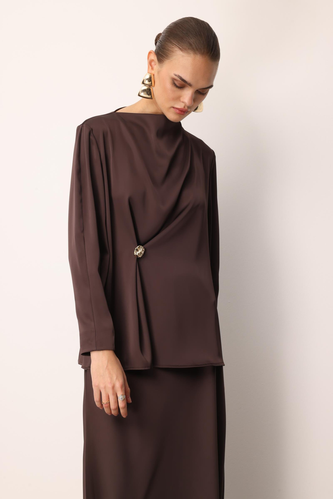 Degaje Yaka Uzun Kol Bluz KAHVE