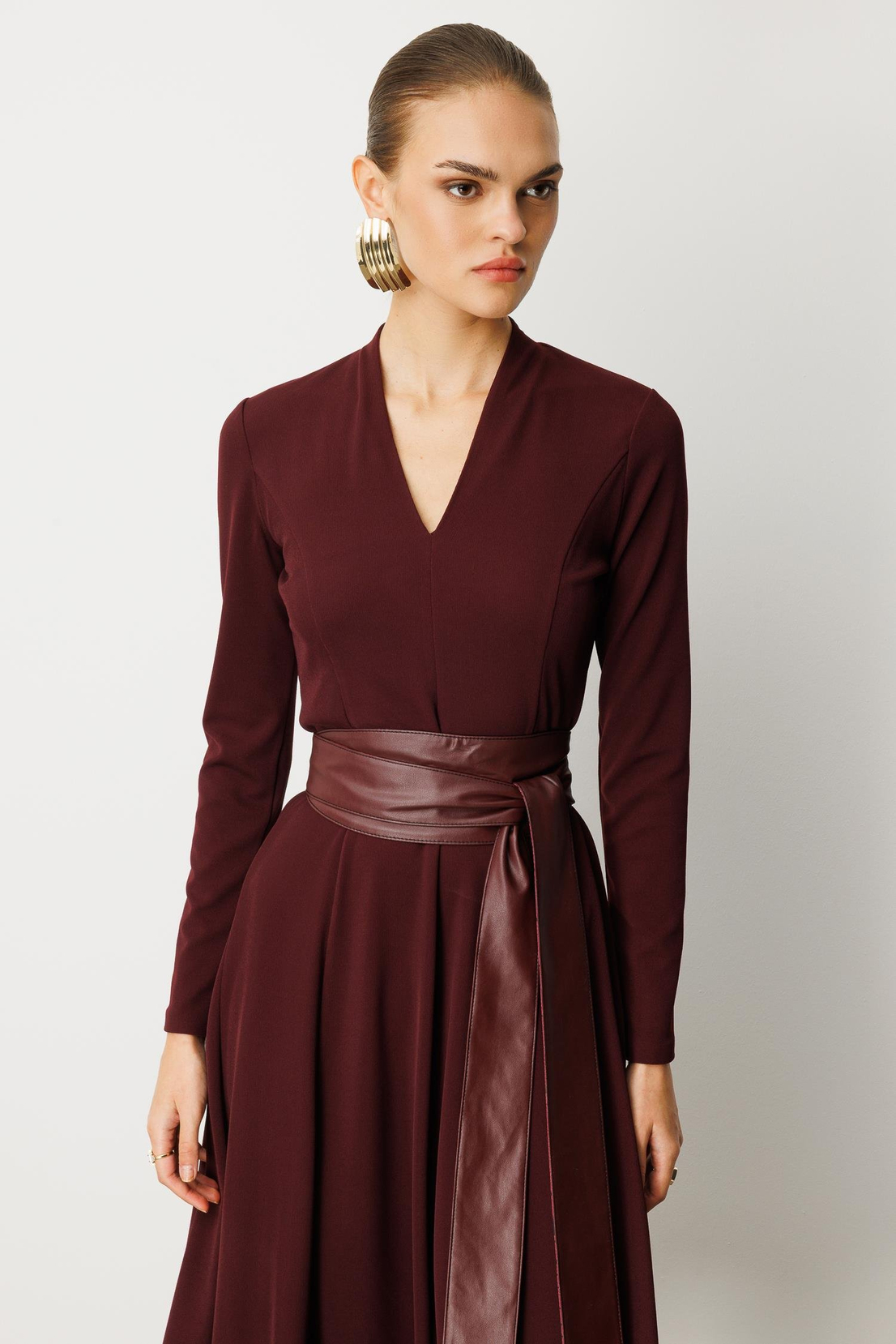 Deri Kuşaklı Örme Elbise BORDO