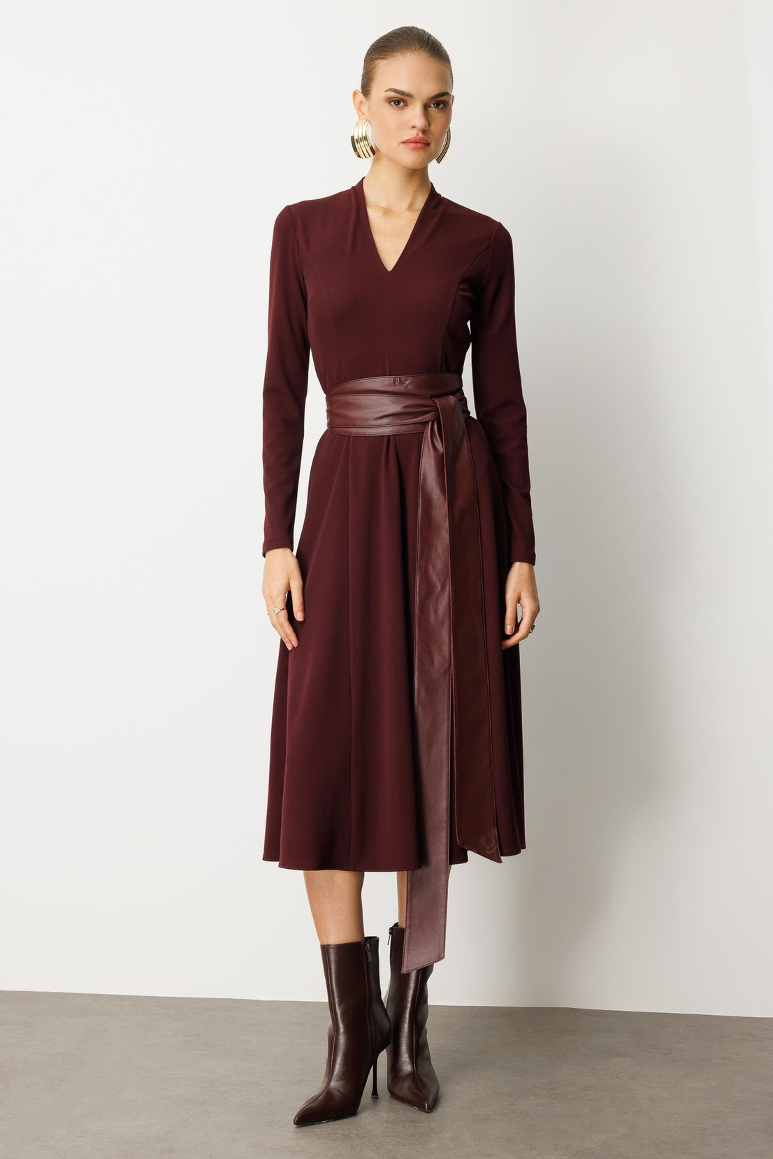 Deri Kuşaklı Örme Elbise BORDO
