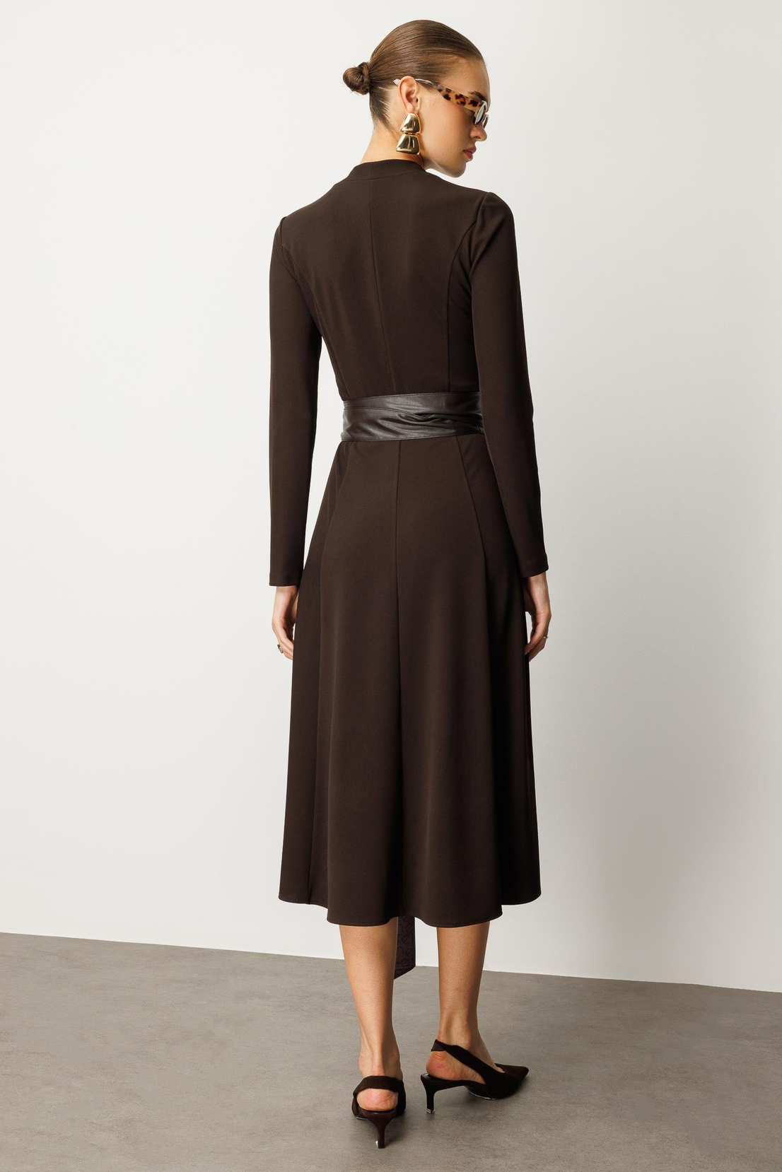 Deri Kuşaklı Örme Elbise KAHVE