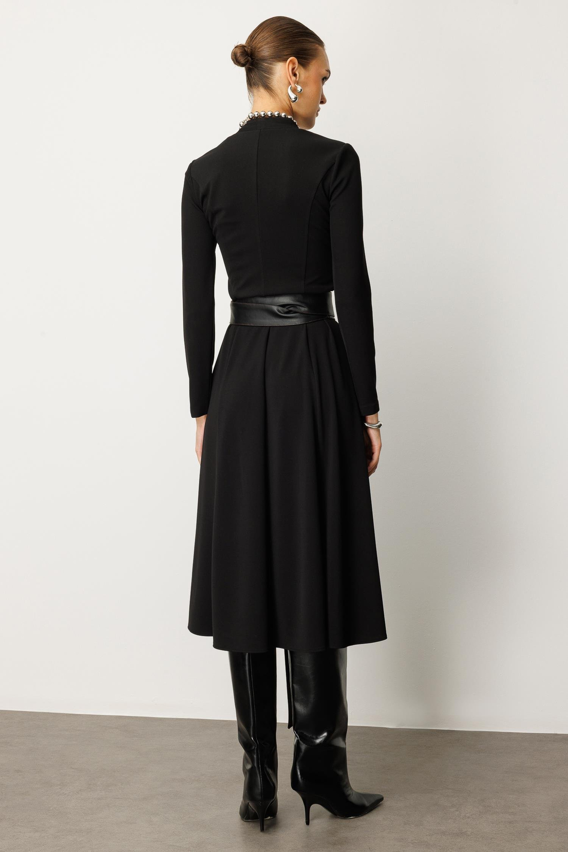 Deri Kuşaklı Örme Elbise SİYAH