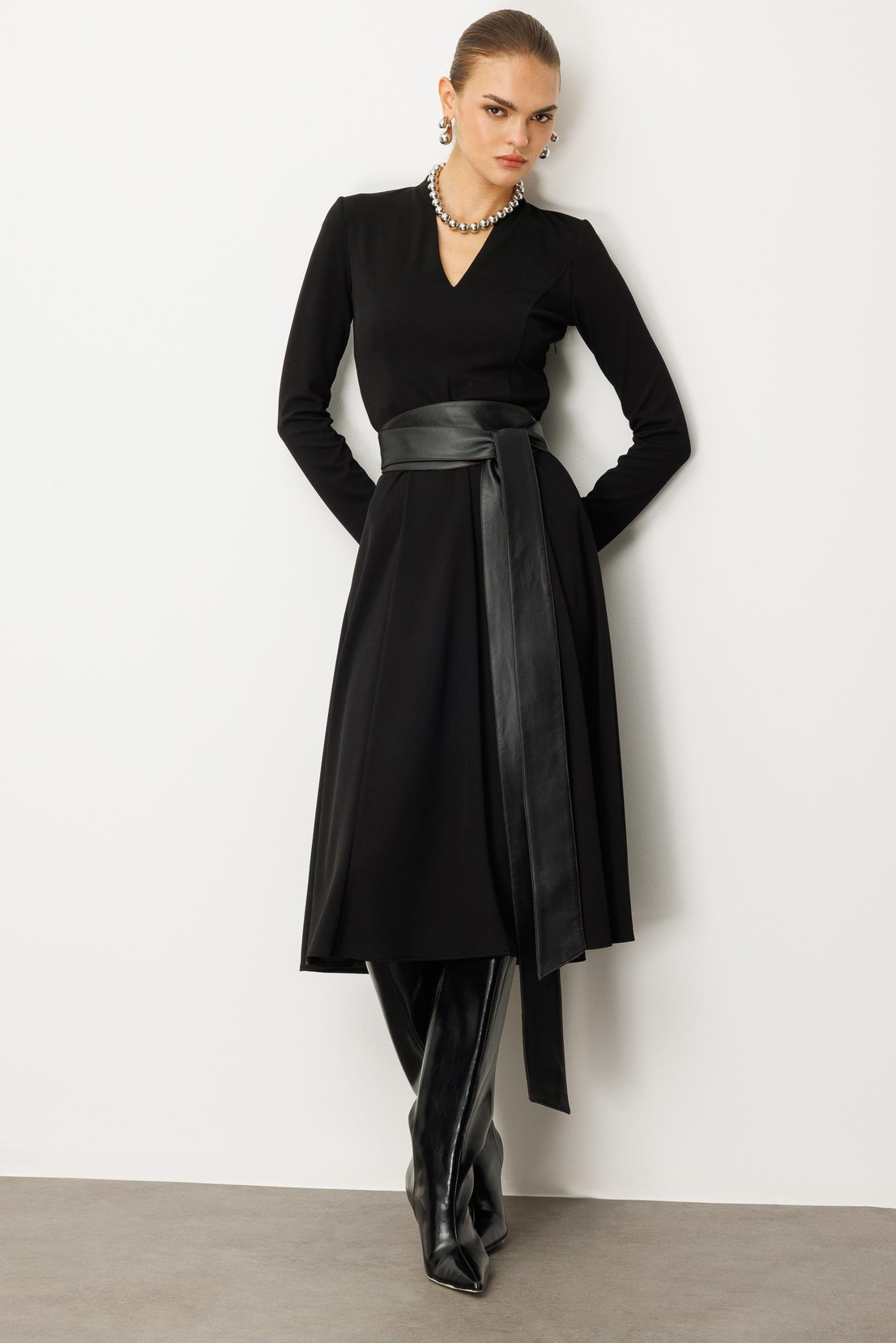 Deri Kuşaklı Örme Elbise SİYAH