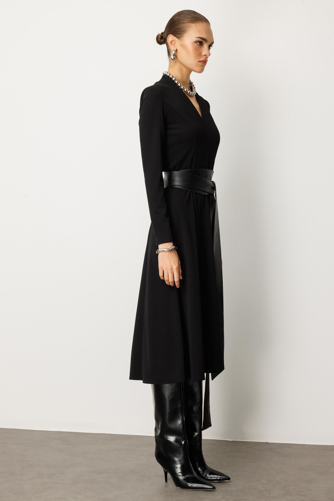 Deri Kuşaklı Örme Elbise SİYAH