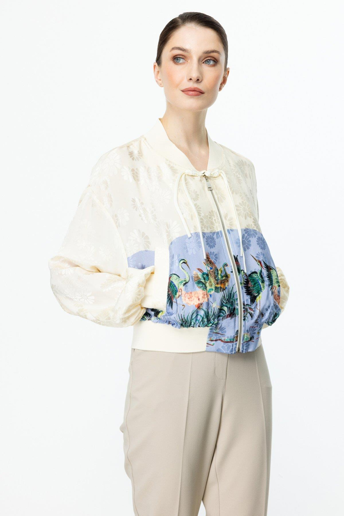 Desenli Parlak Kumaş Ribanalı Ceket MAVİ