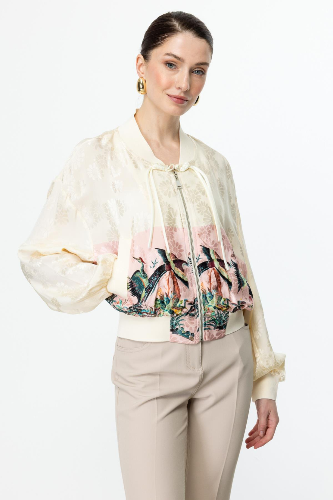 Desenli Parlak Kumaş Ribanalı Ceket PEMBE