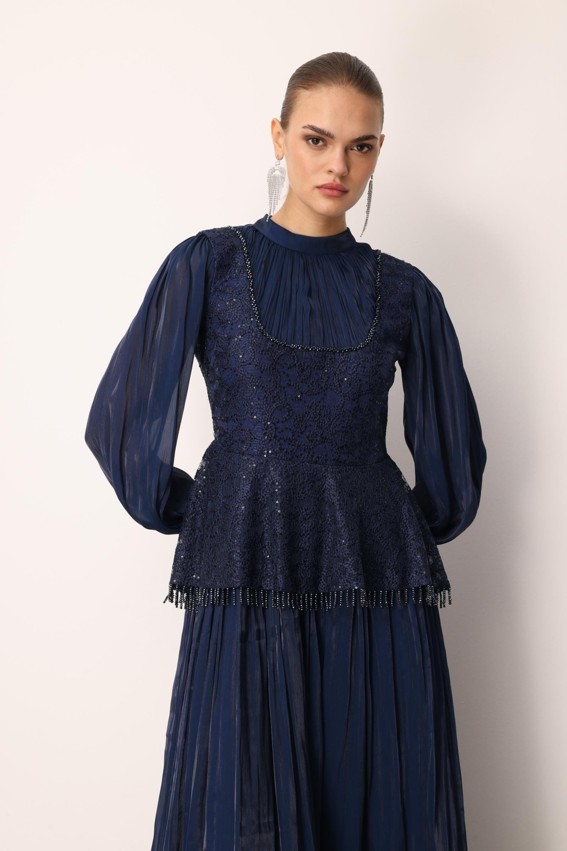 Drape İşlemeli Elbise LACİVERT