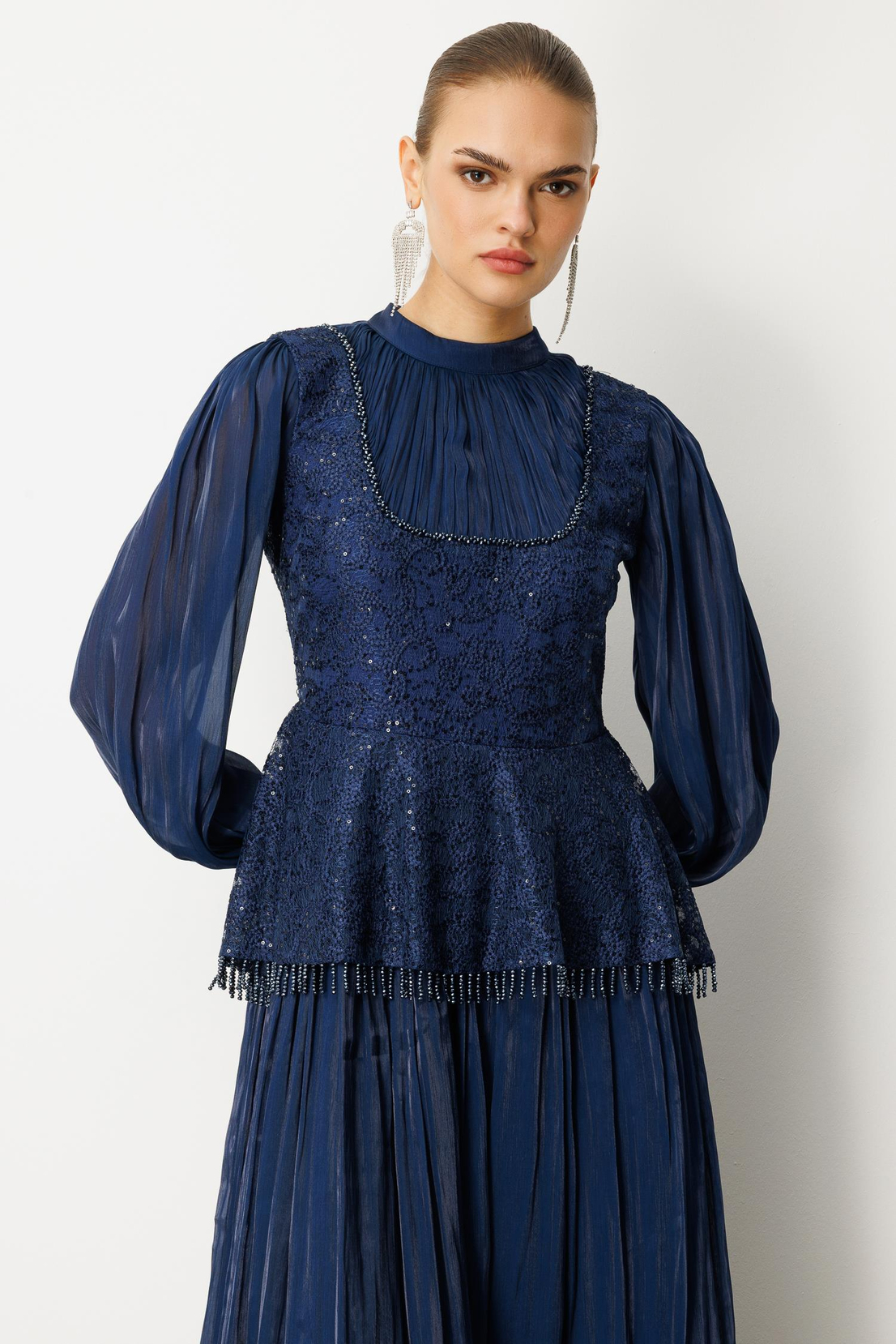 Drape İşlemeli Elbise LACİVERT