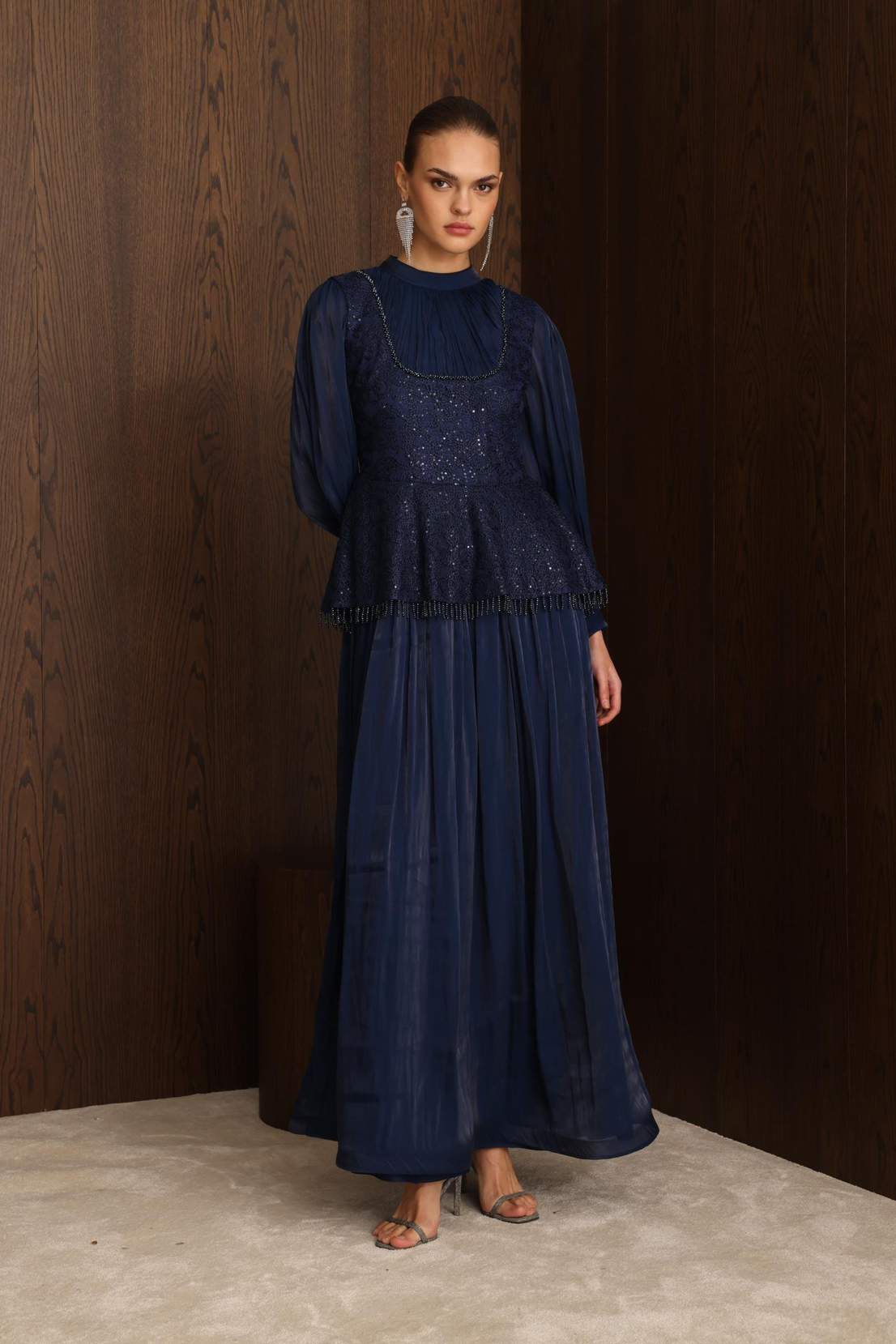 Drape İşlemeli Elbise LACİVERT