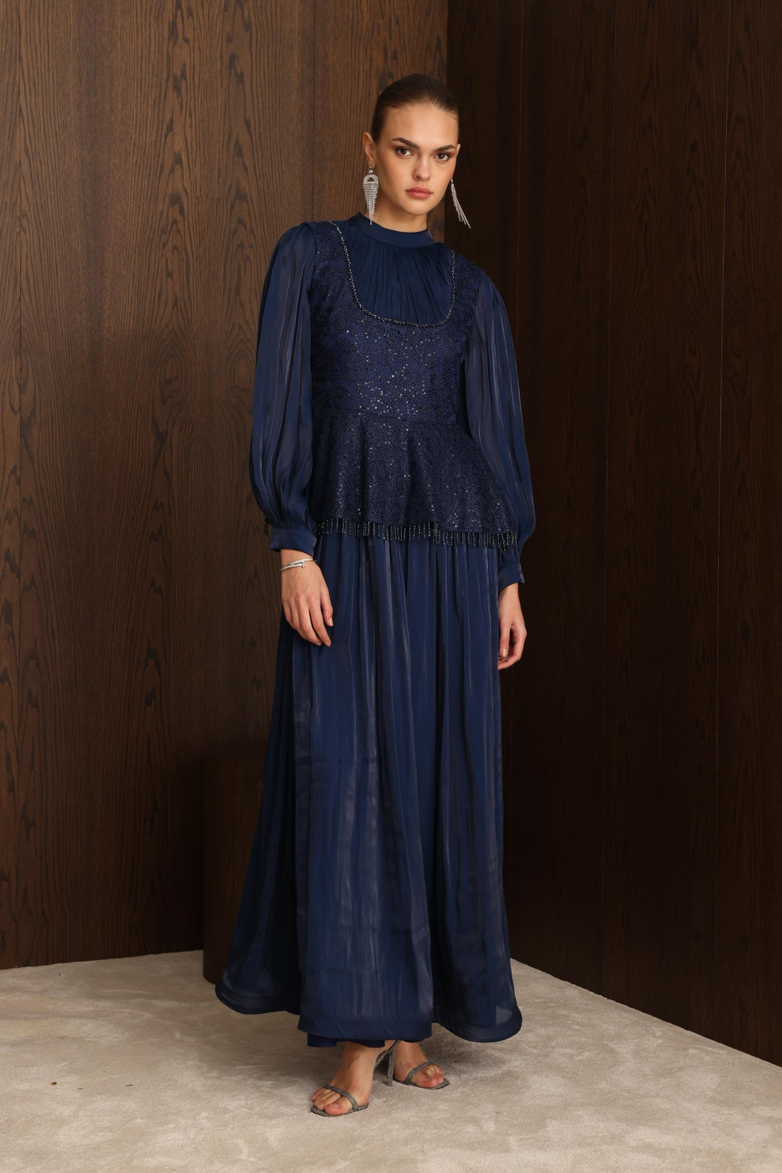 Drape İşlemeli Elbise LACİVERT