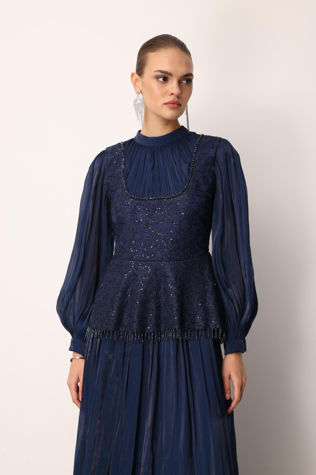 Drape İşlemeli Elbise LACİVERT