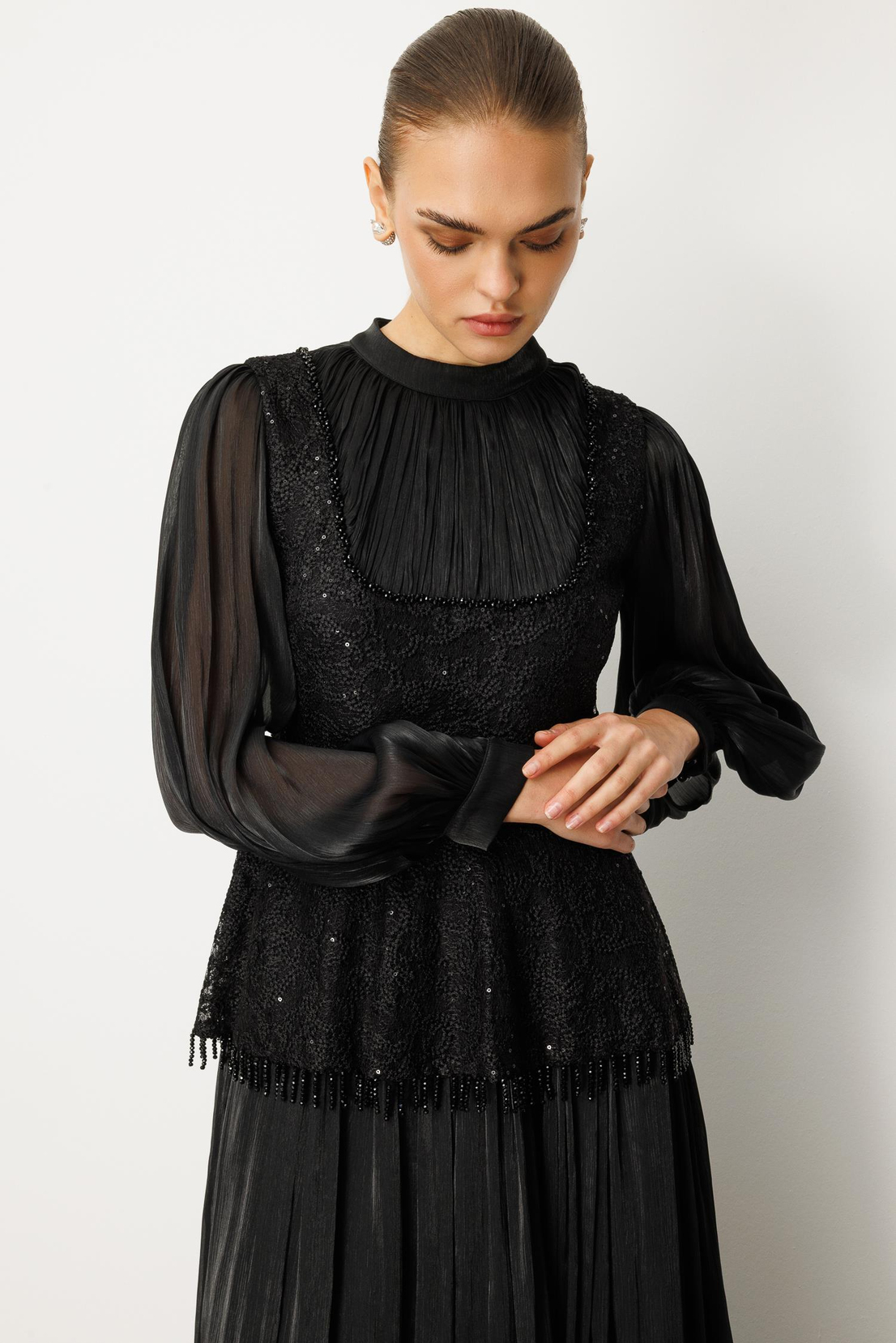 Drape İşlemeli Elbise SİYAH