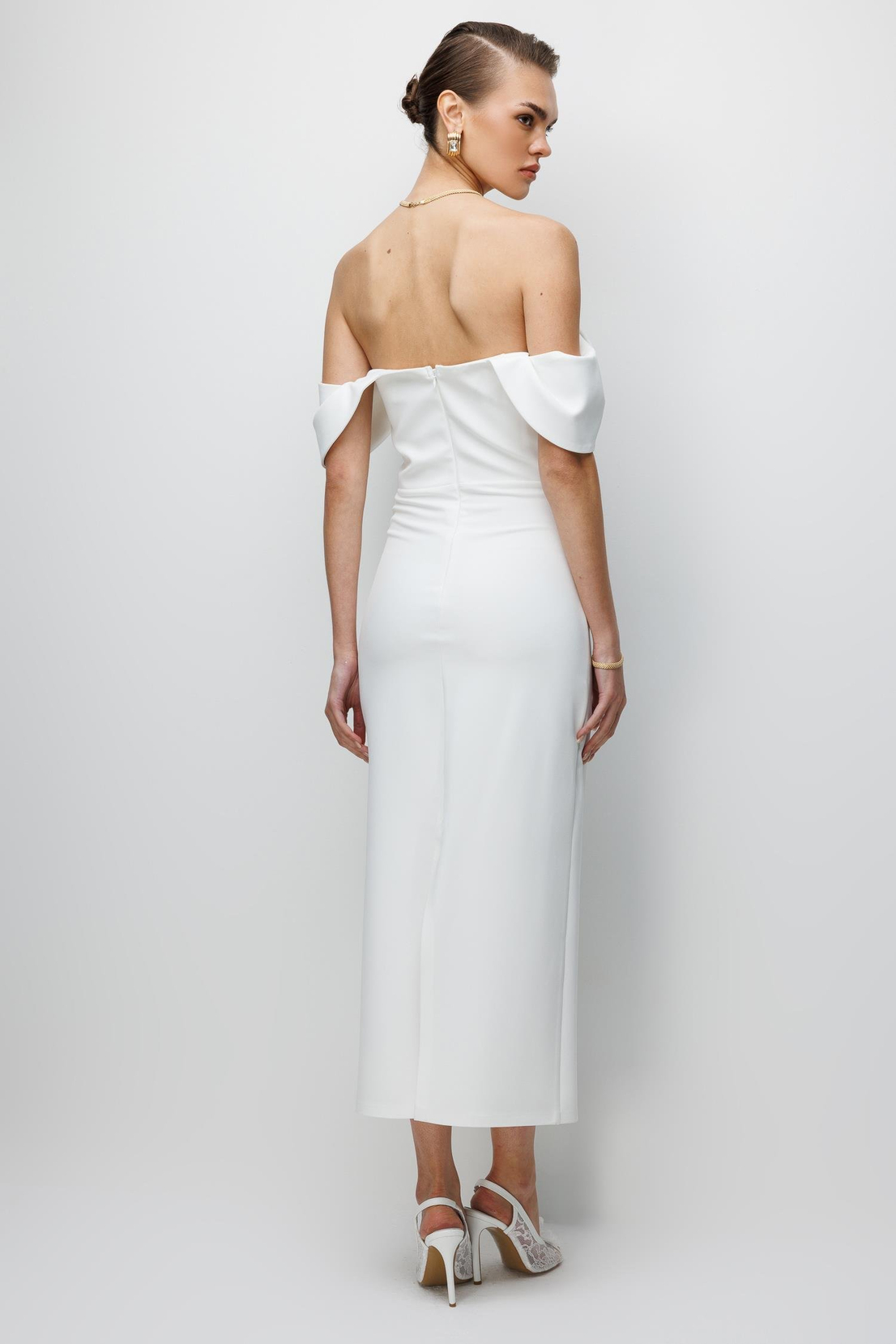 Düşük Omuz Detaylı Abiye Elbise EKRU