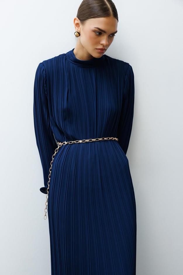 Etek ve Kol Ucu Volanlı Pliseli Zincir Midi Boy Elbise LACİVERT