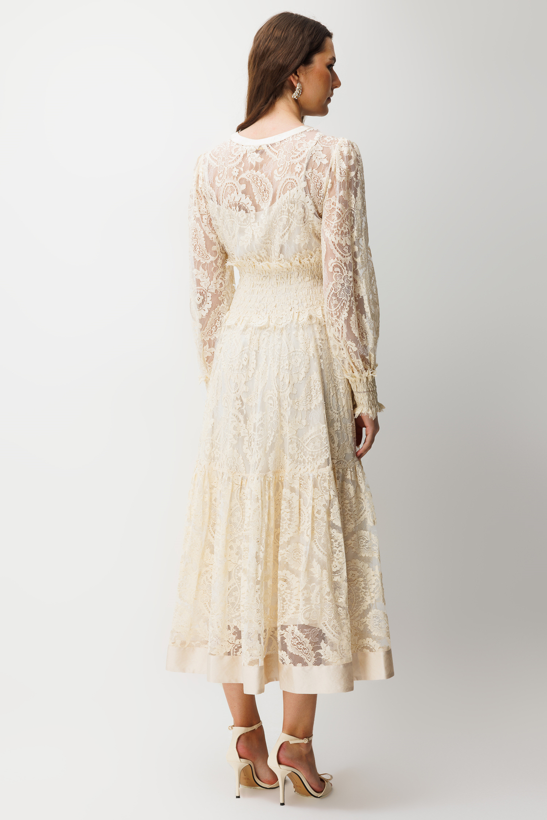 Floral Dantel Detaylı V Yaka Elbise EKRU