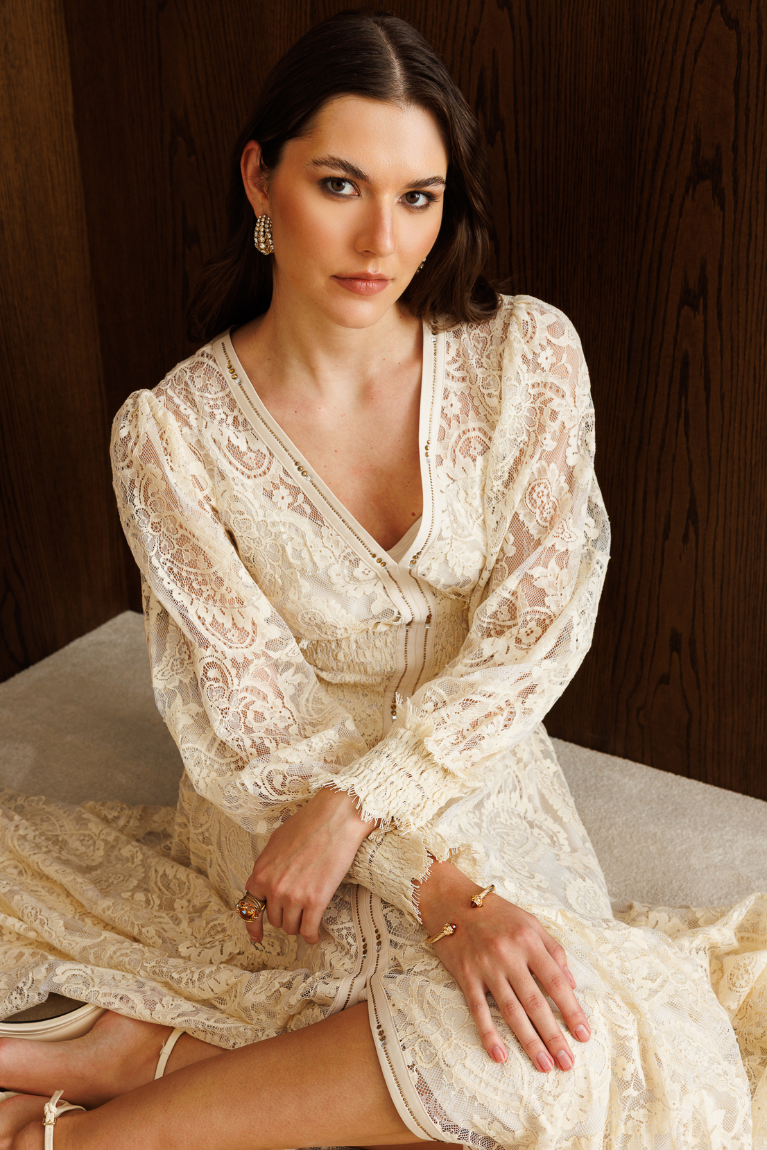 Floral Dantel Detaylı V Yaka Elbise EKRU