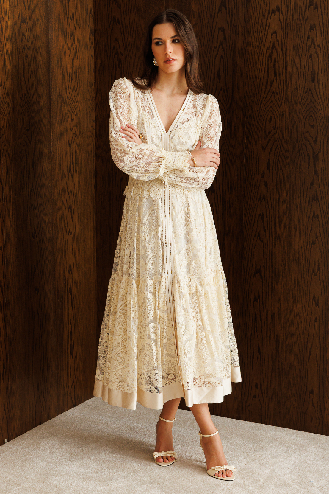 Floral Dantel Detaylı V Yaka Elbise EKRU