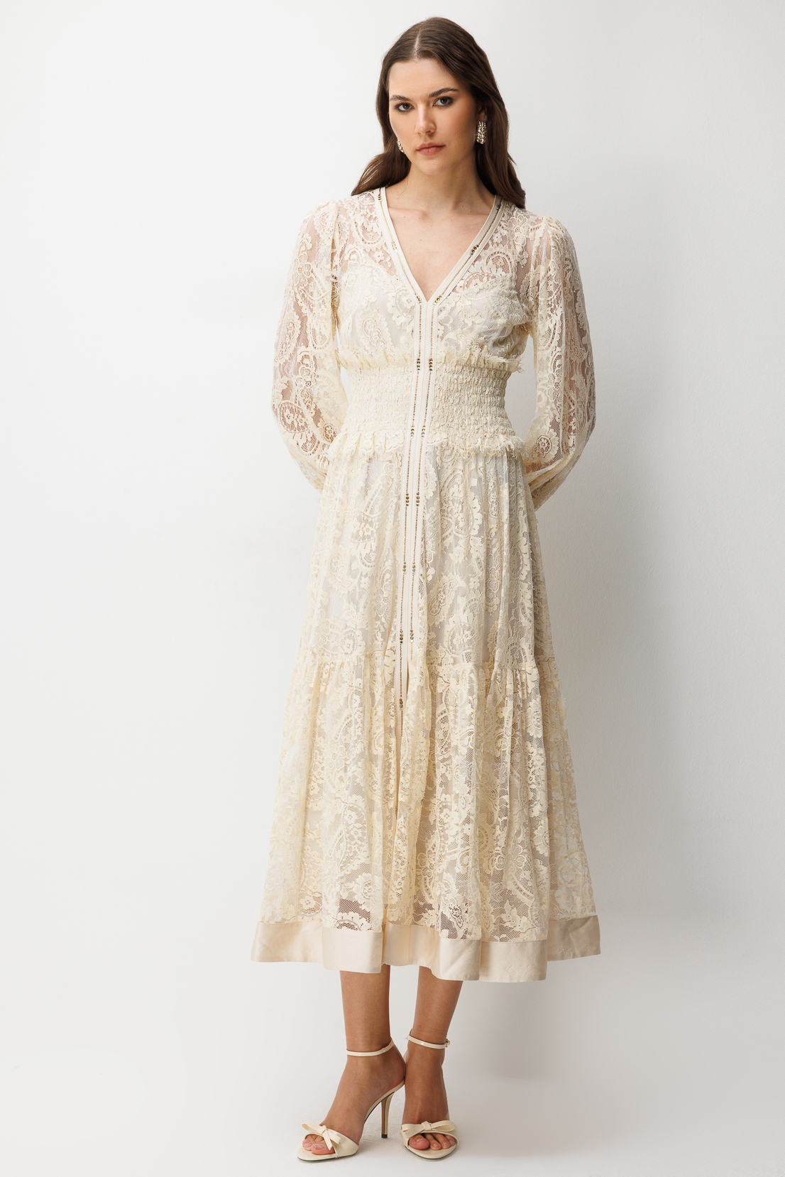 Floral Dantel Detaylı V Yaka Elbise EKRU