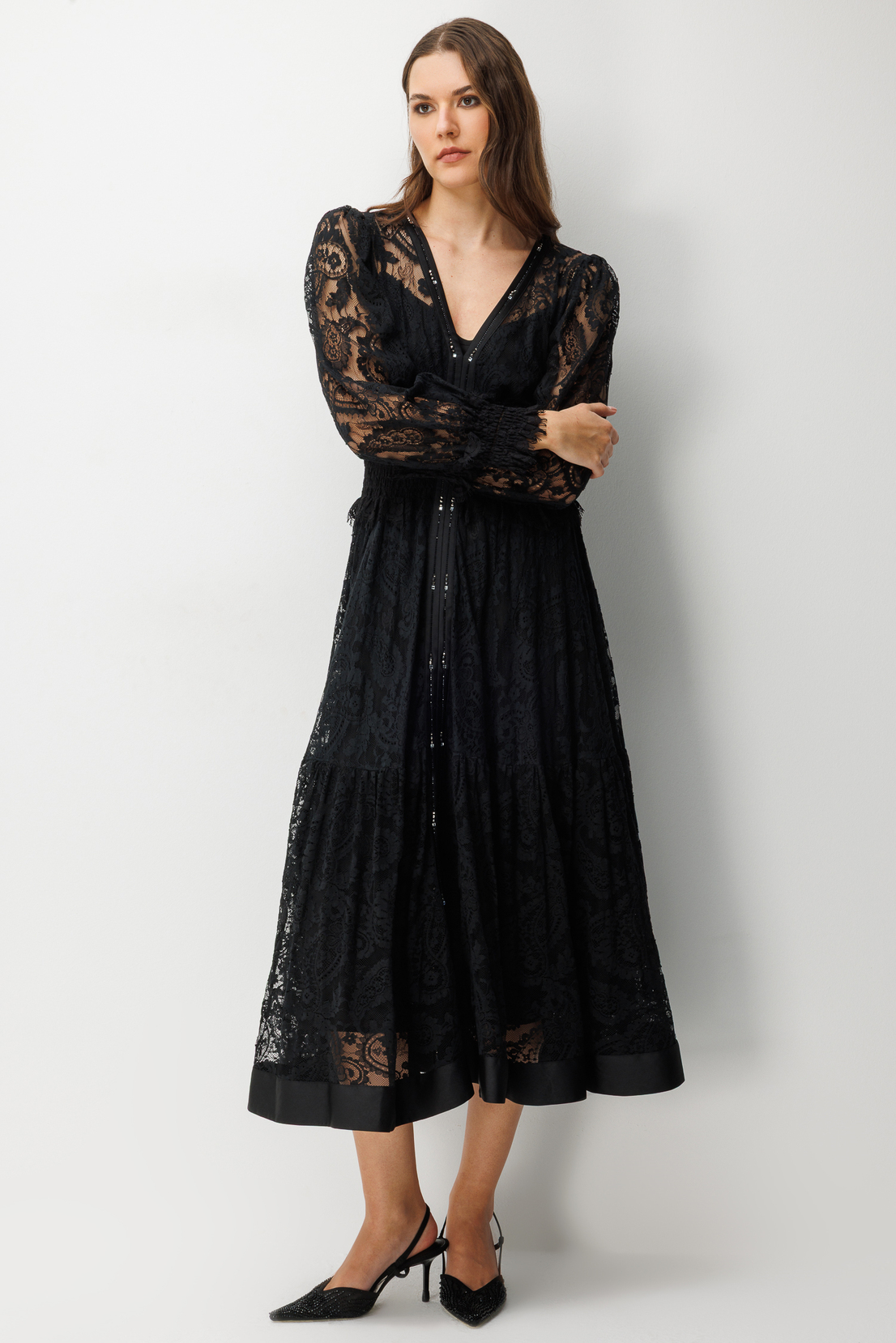 Floral Dantel Detaylı V Yaka Elbise SİYAH