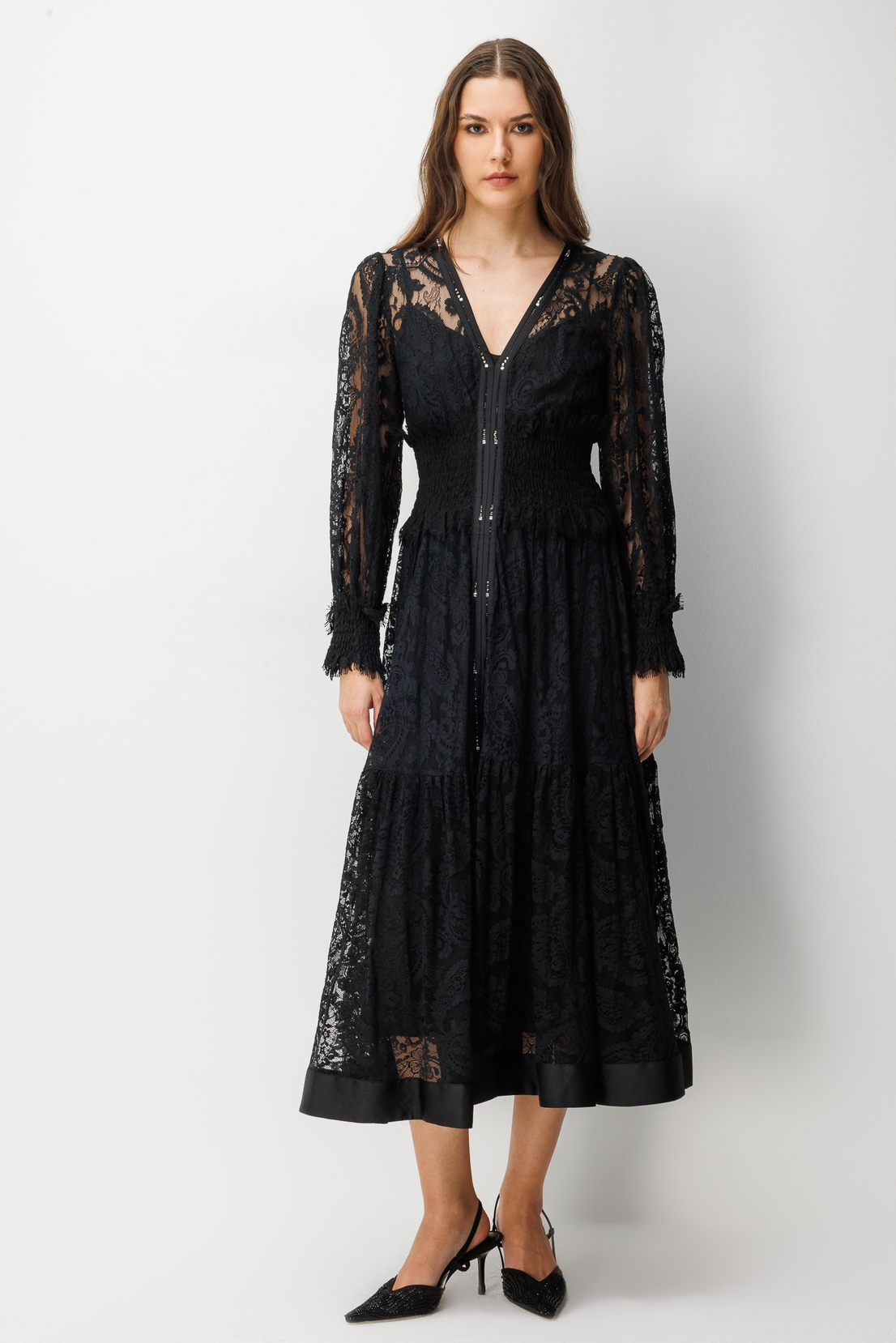 Floral Dantel Detaylı V Yaka Elbise SİYAH