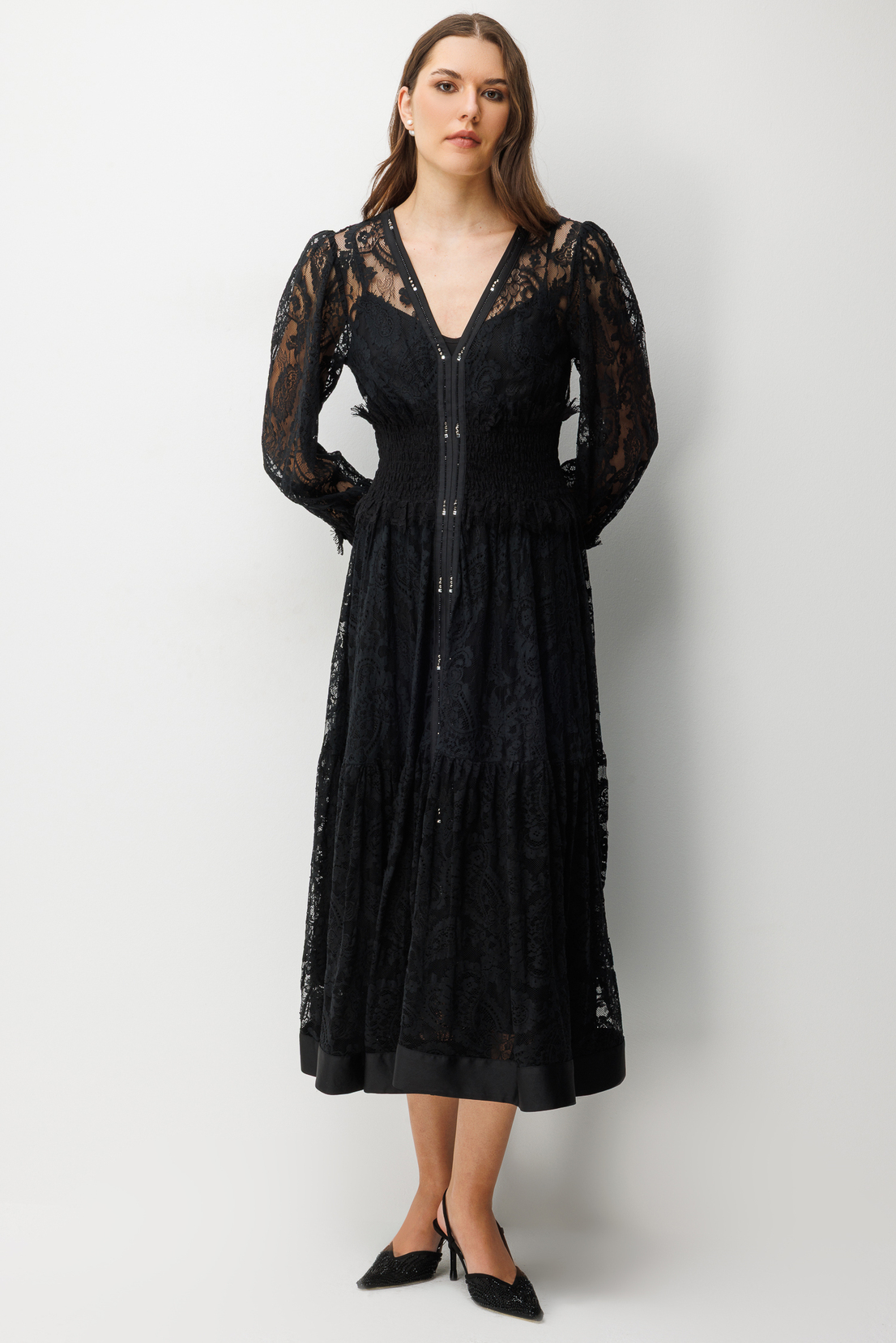 Floral Dantel Detaylı V Yaka Elbise SİYAH