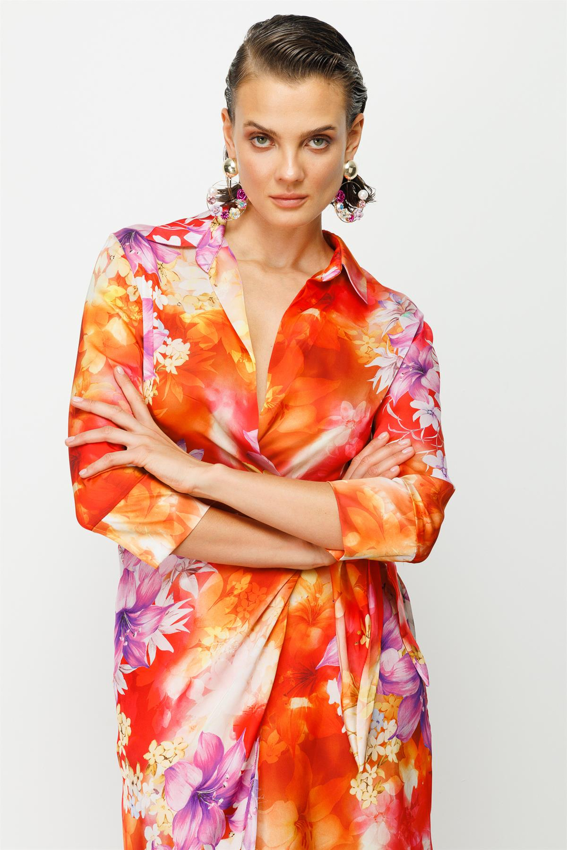Floral Desen Kruvaze Bağlamalı Elbise