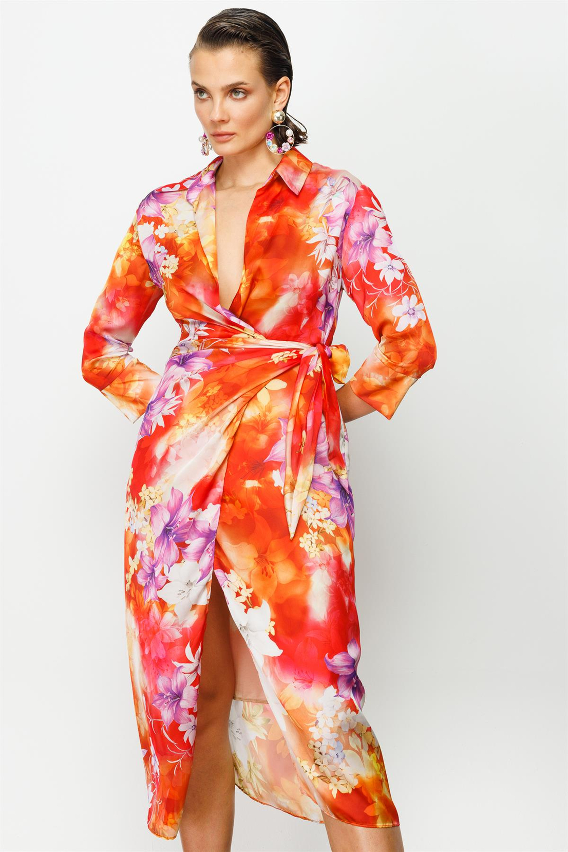 Floral Desen Kruvaze Bağlamalı Elbise