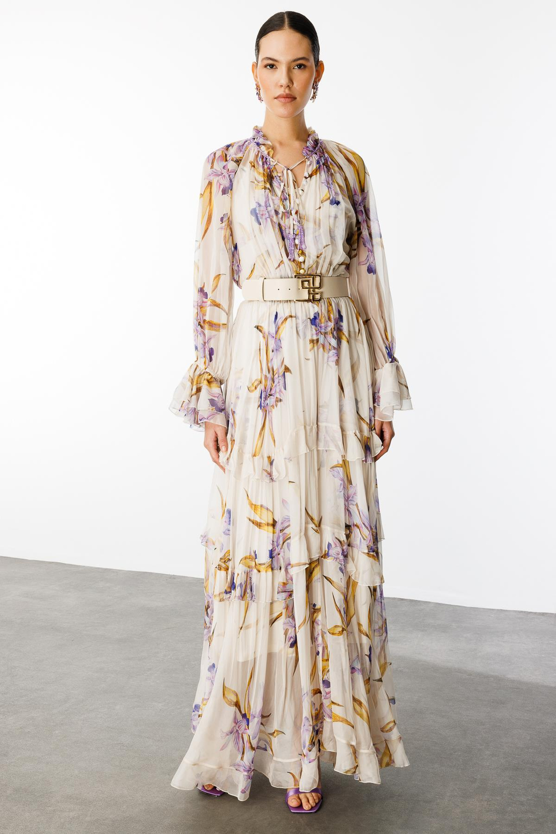 Floral Desen Maxi Boy Volan Detay Kemerli Şifon Elbise LİLA