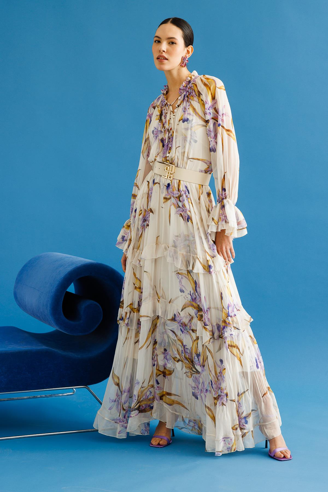 Floral Desen Maxi Boy Volan Detay Kemerli Şifon Elbise LİLA