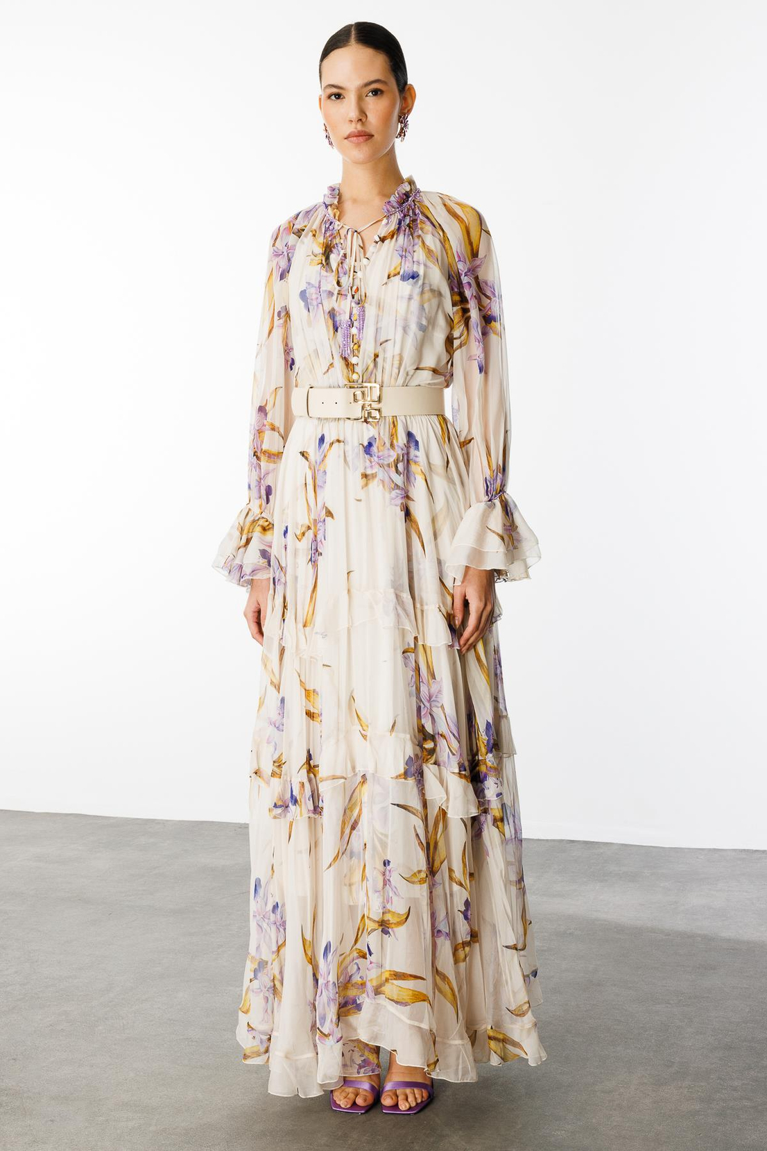 Floral Desen Maxi Boy Volan Detay Kemerli Şifon Elbise LİLA