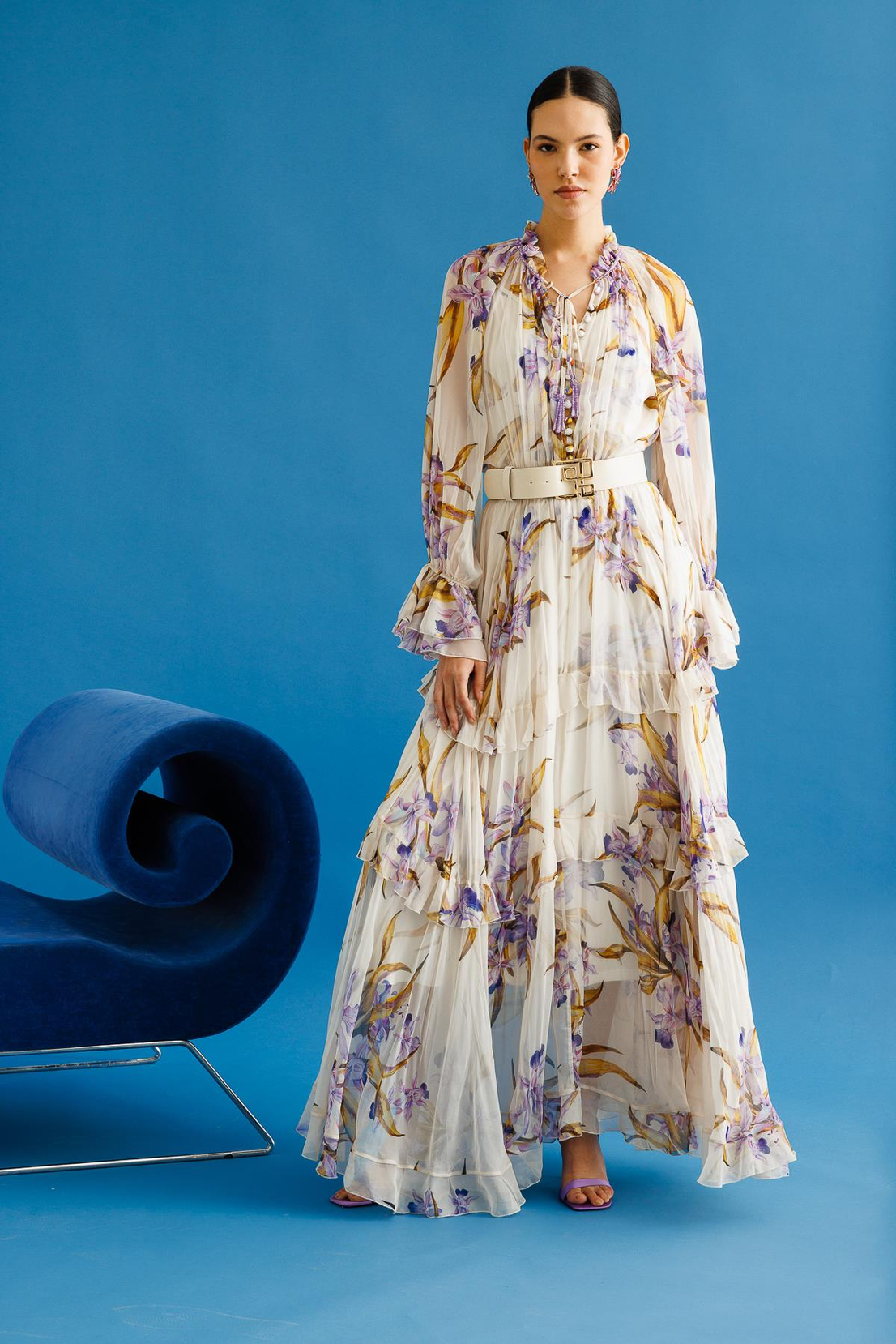 Floral Desen Maxi Boy Volan Detay Kemerli Şifon Elbise LİLA