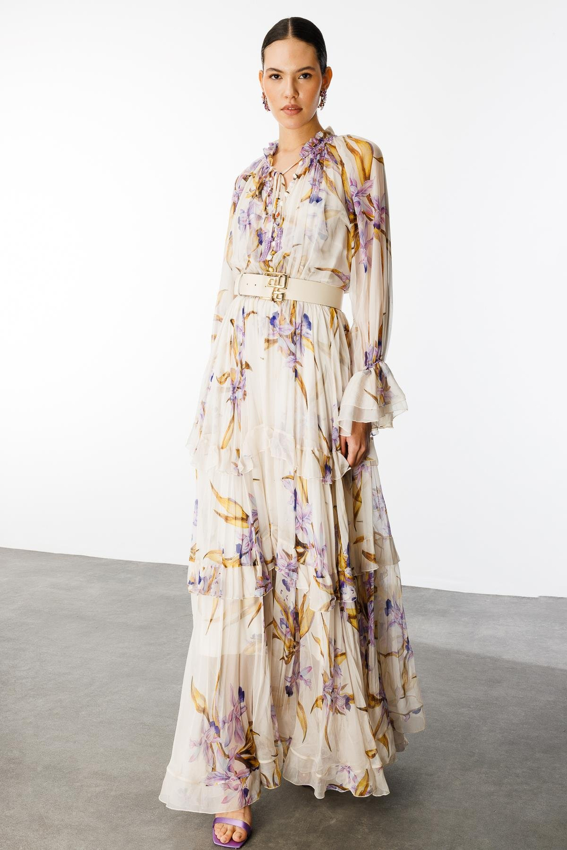 Floral Desen Maxi Boy Volan Detay Kemerli Şifon Elbise LİLA