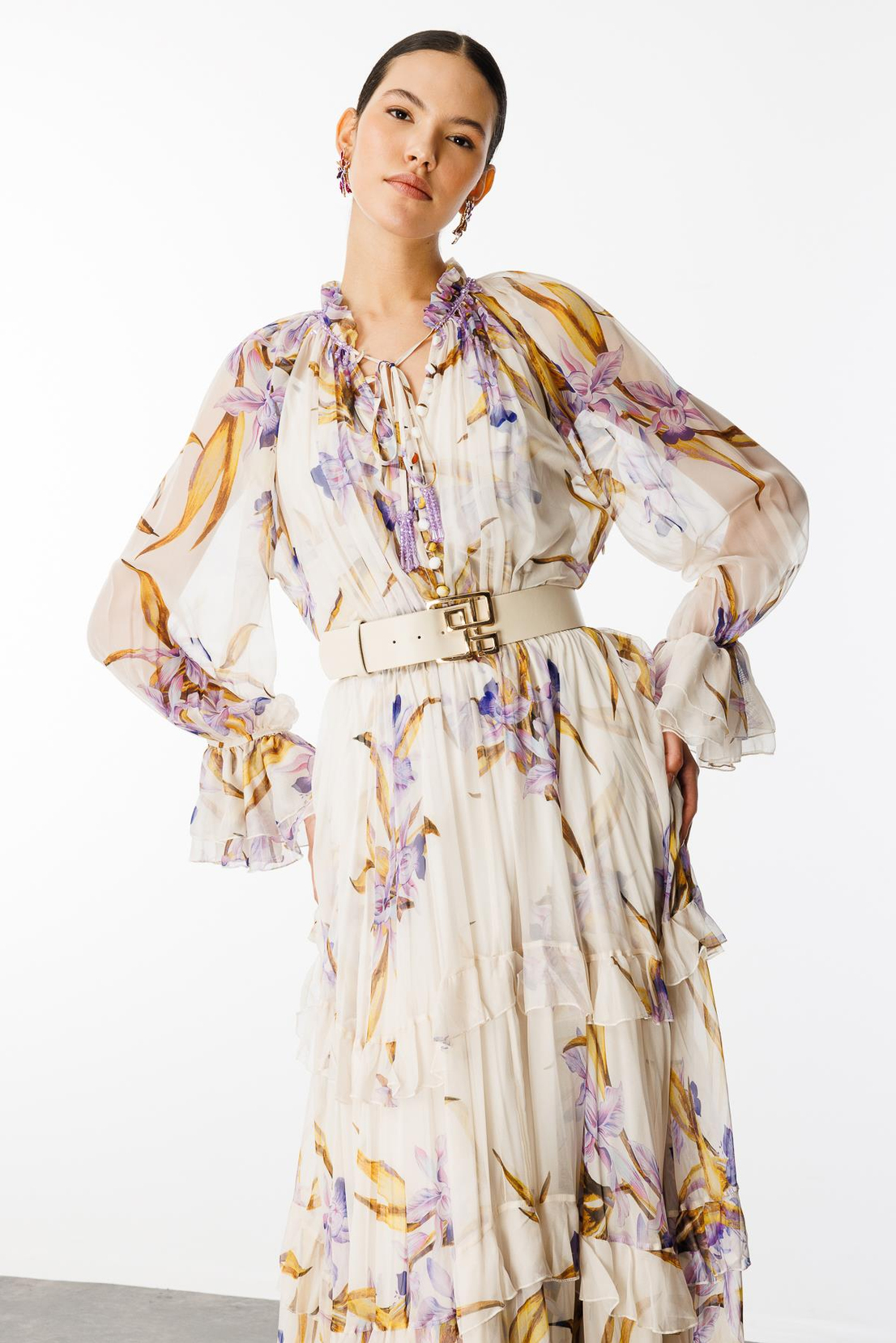 Floral Desen Maxi Boy Volan Detay Kemerli Şifon Elbise LİLA