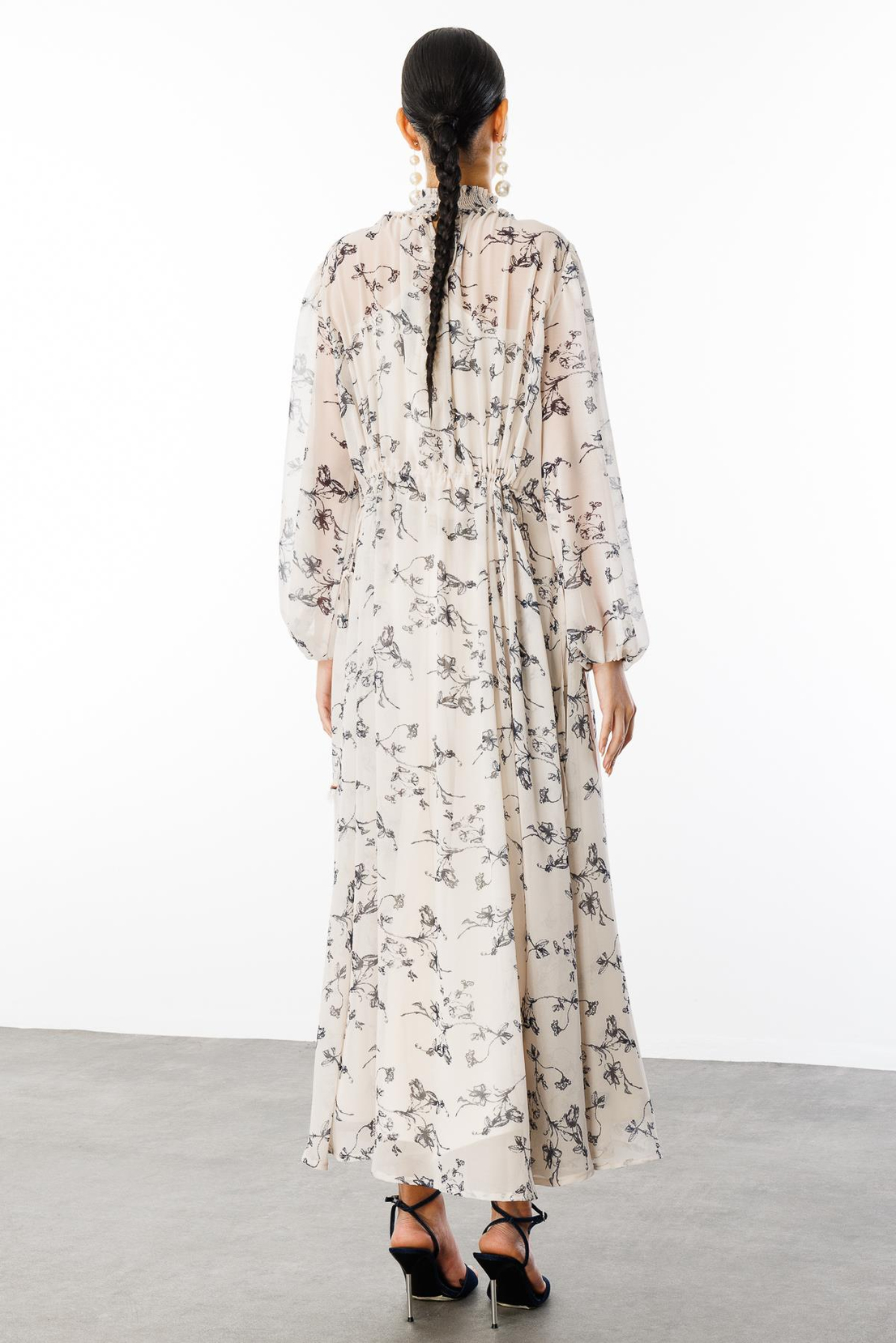 Gipe Yaka Bel Tünelli Maxi Boy Şifon  Elbise EKRU