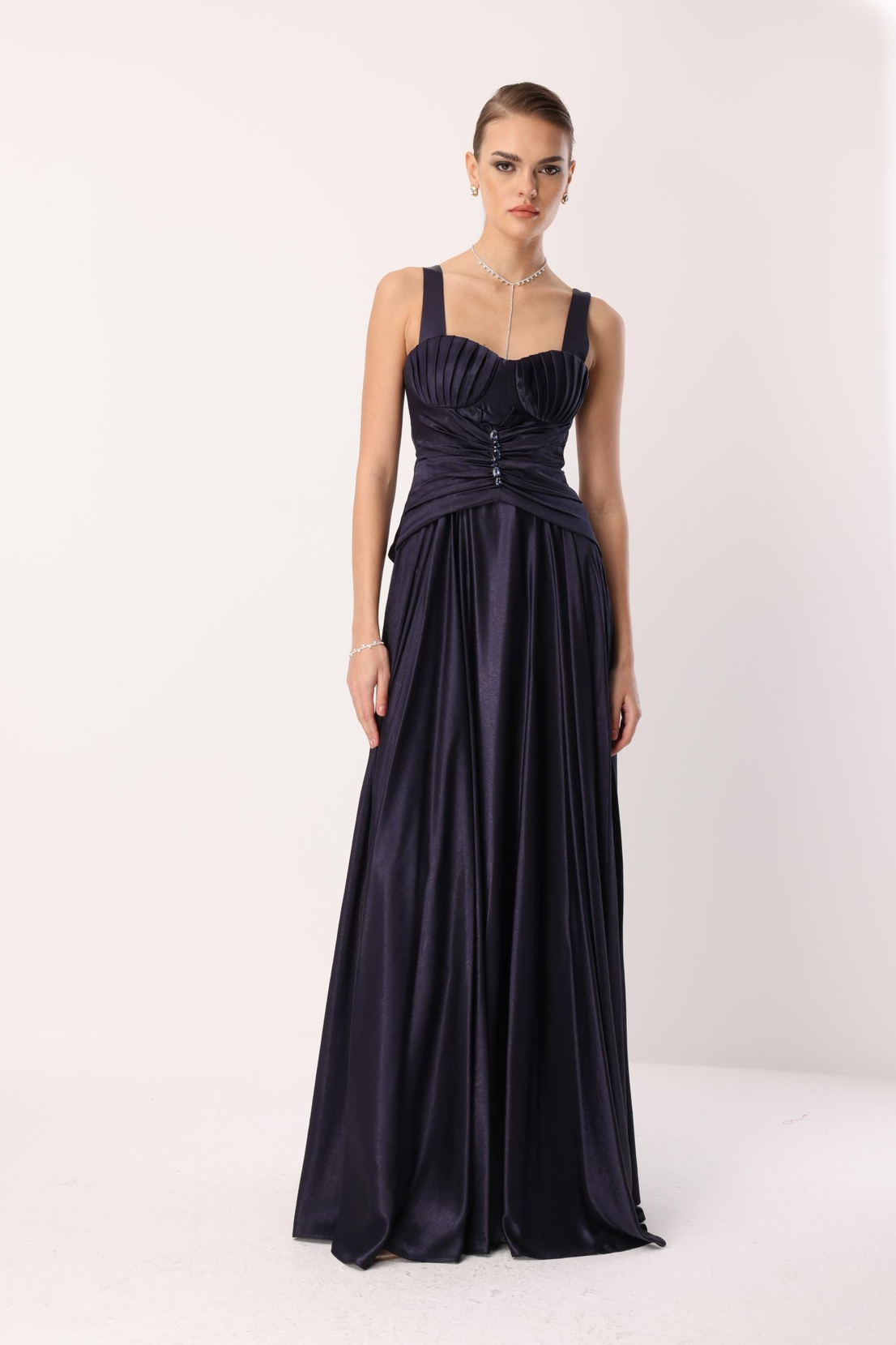 Göğüs Midye Desen Elbise LACİVERT