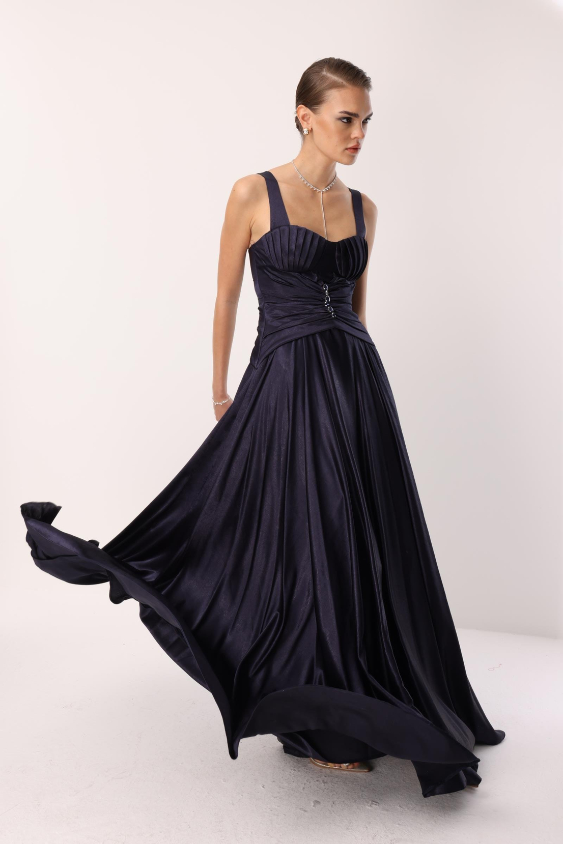 Göğüs Midye Desen Elbise LACİVERT