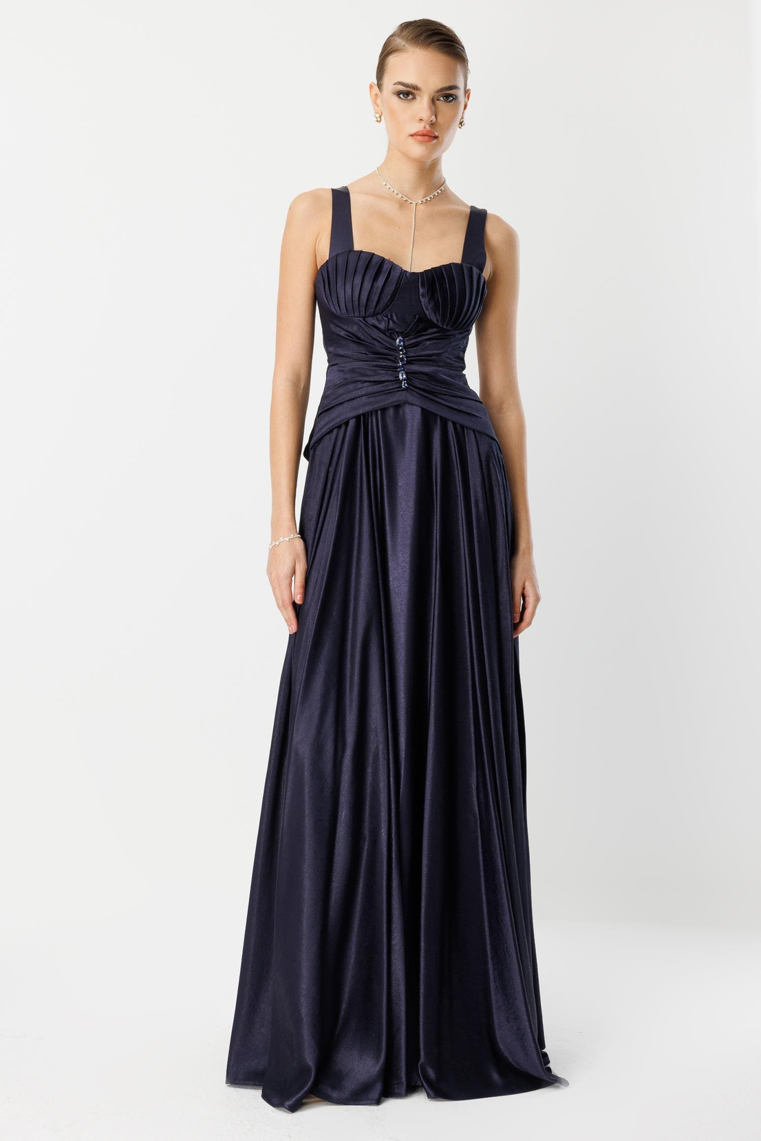 Göğüs Midye Desen Elbise LACİVERT