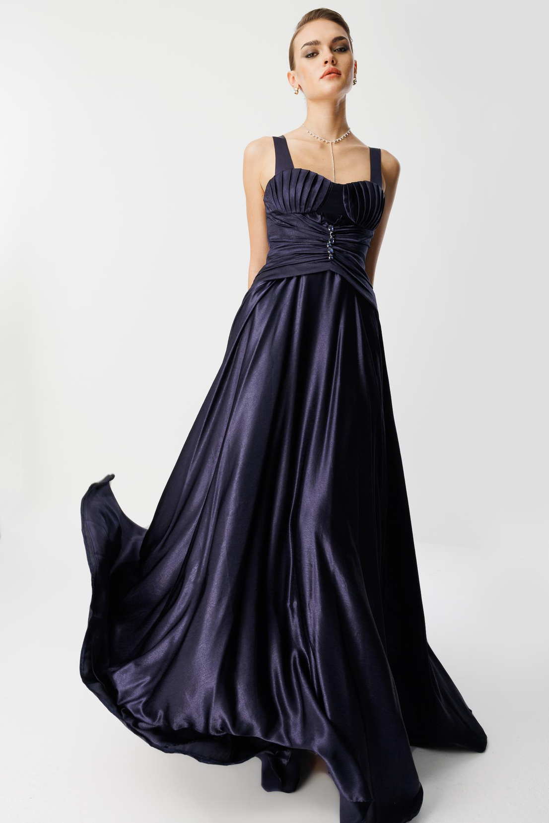 Göğüs Midye Desen Elbise LACİVERT