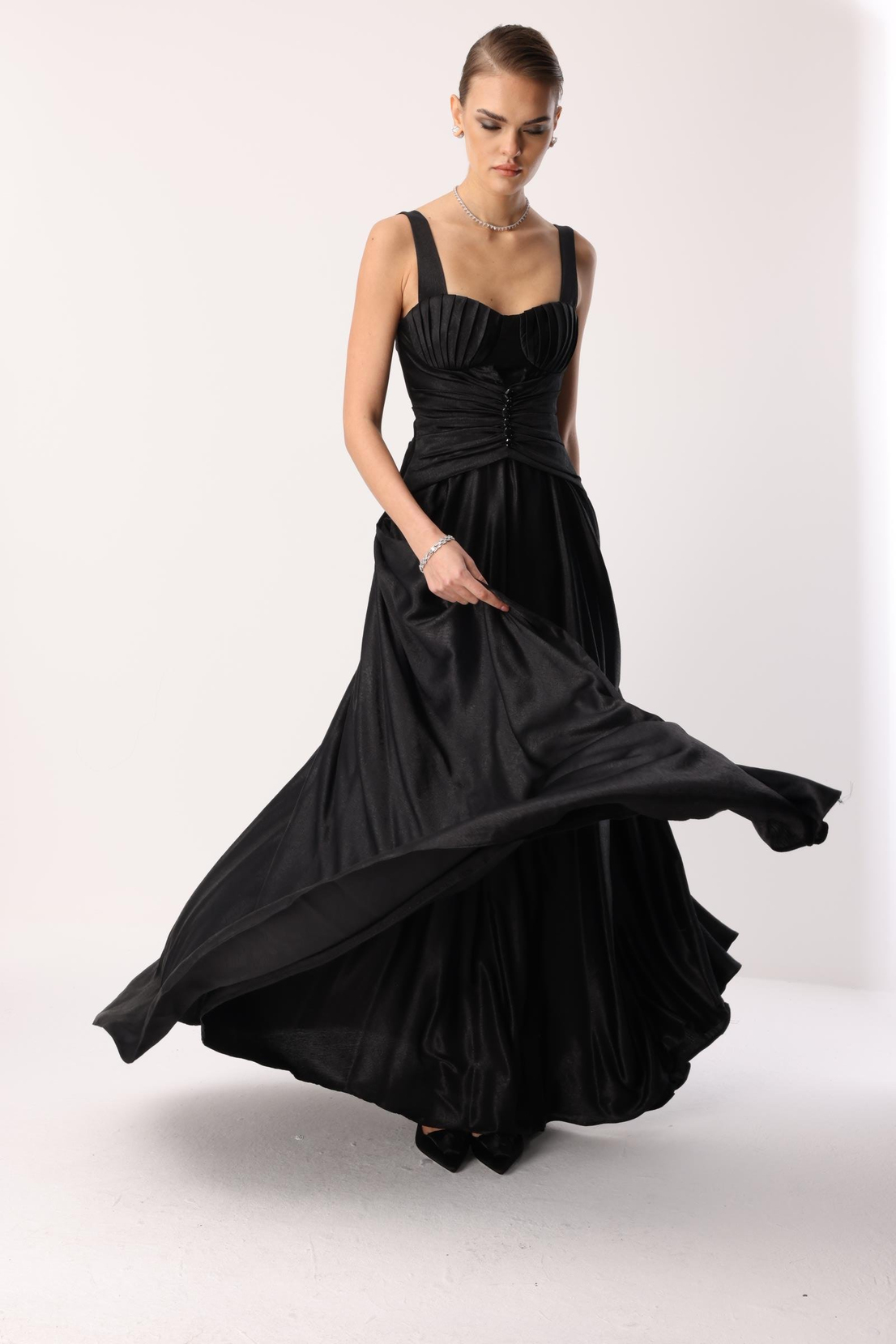 Göğüs Midye Desen Elbise SİYAH