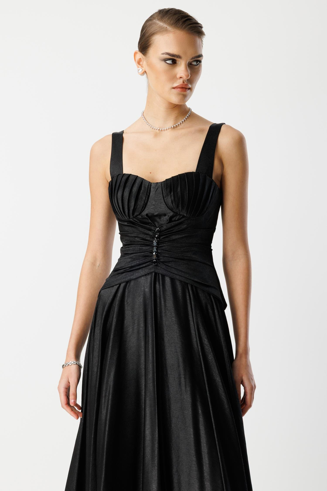 Göğüs Midye Desen Elbise SİYAH