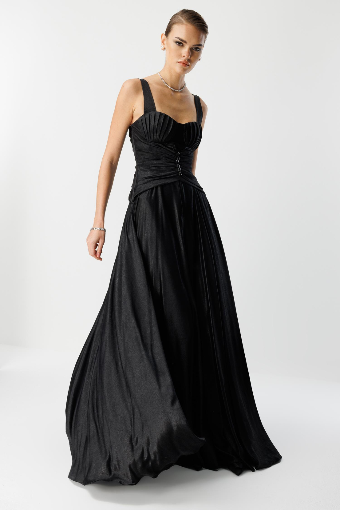 Göğüs Midye Desen Elbise SİYAH