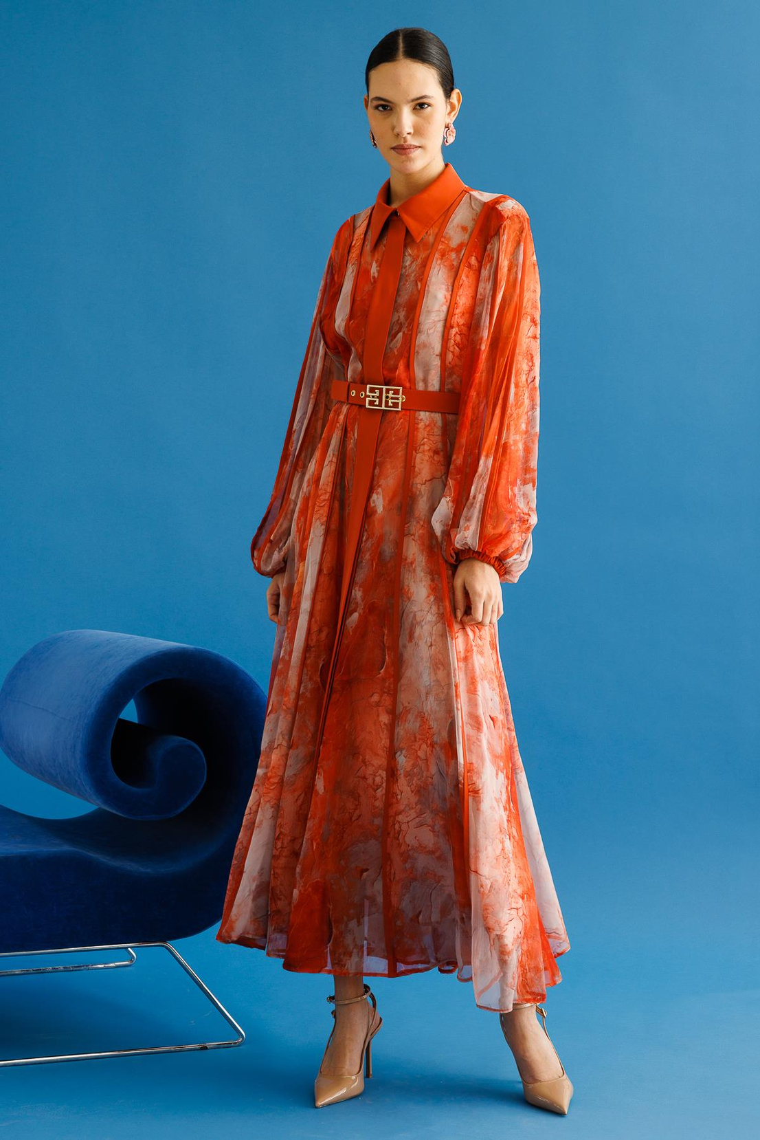 Gömlek Yaka Maxi Boy Elbise ORANJ