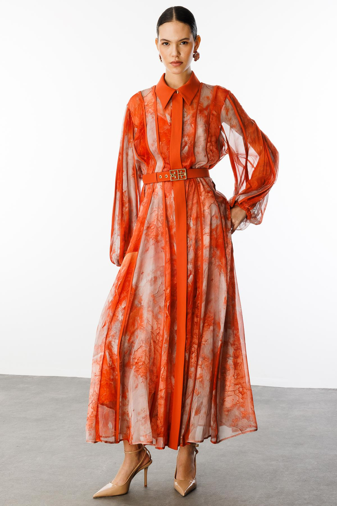 Gömlek Yaka Maxi Boy Elbise ORANJ