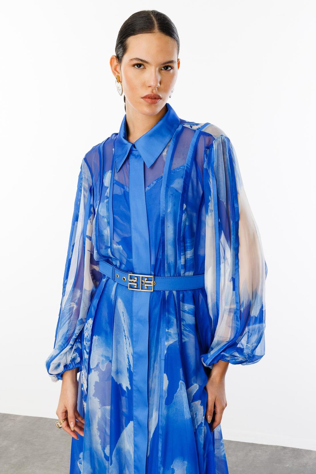 Gömlek Yaka Maxi Boy Kemerli Elbise MAVİ