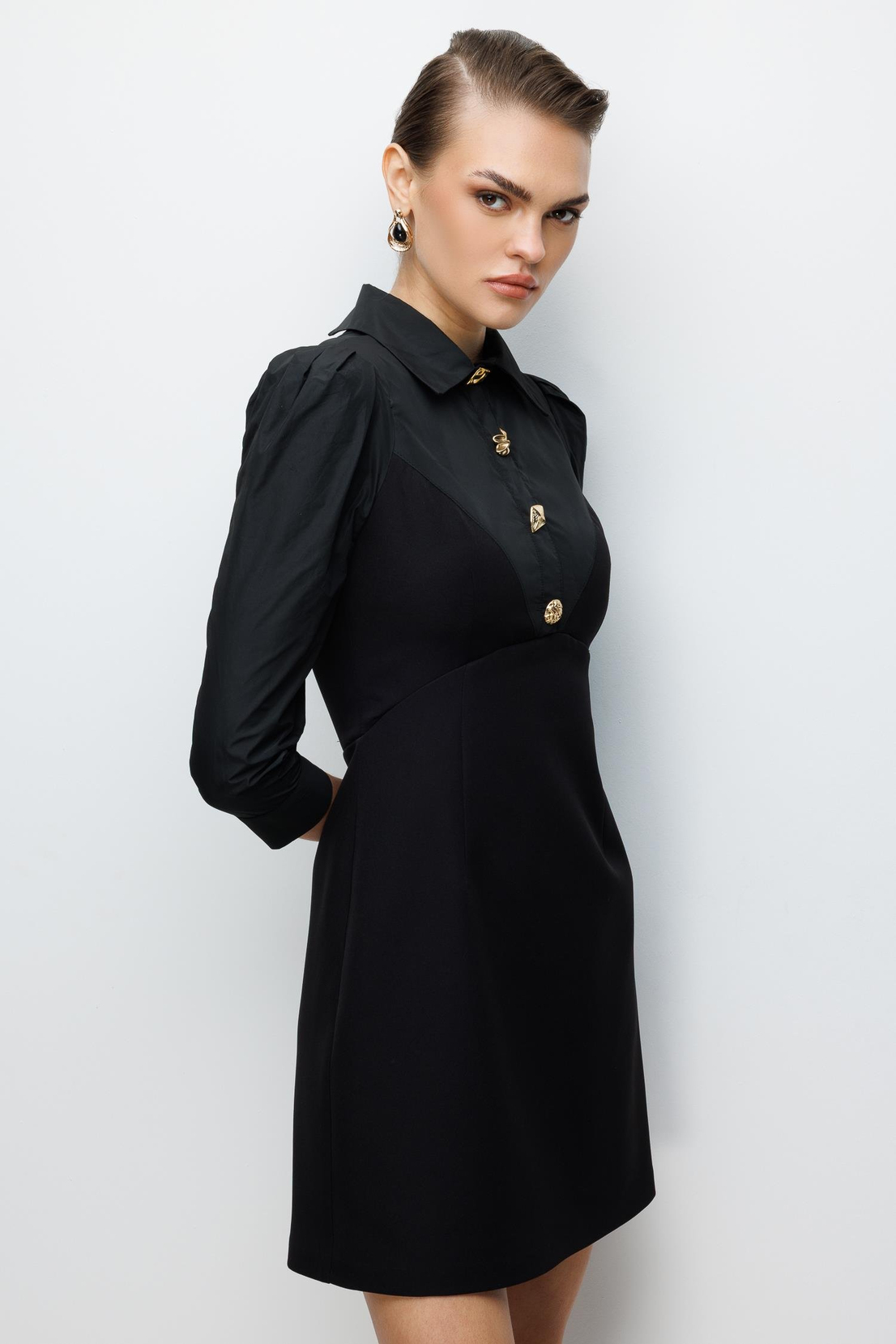 Gömlek Yaka Vatkalı Mini Elbise SİYAH
