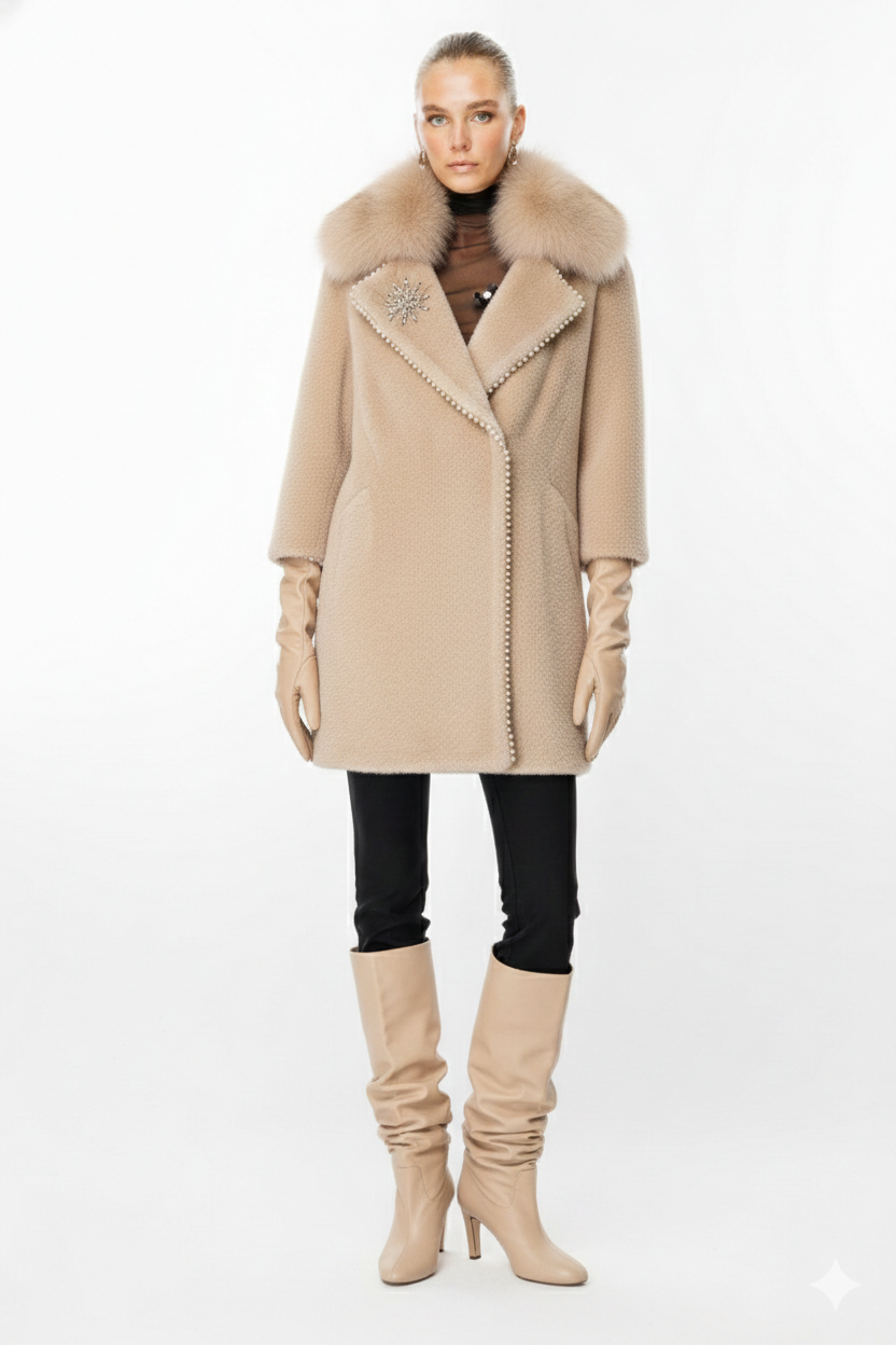 İnci Detaylı Yaka Kürk Aksesuarlı Kaban  BEJ