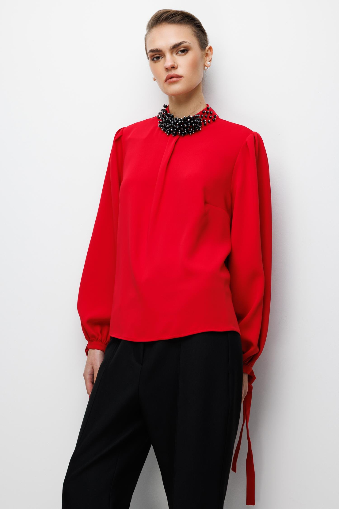 İnci İşlemeli Bluz KIRMIZI