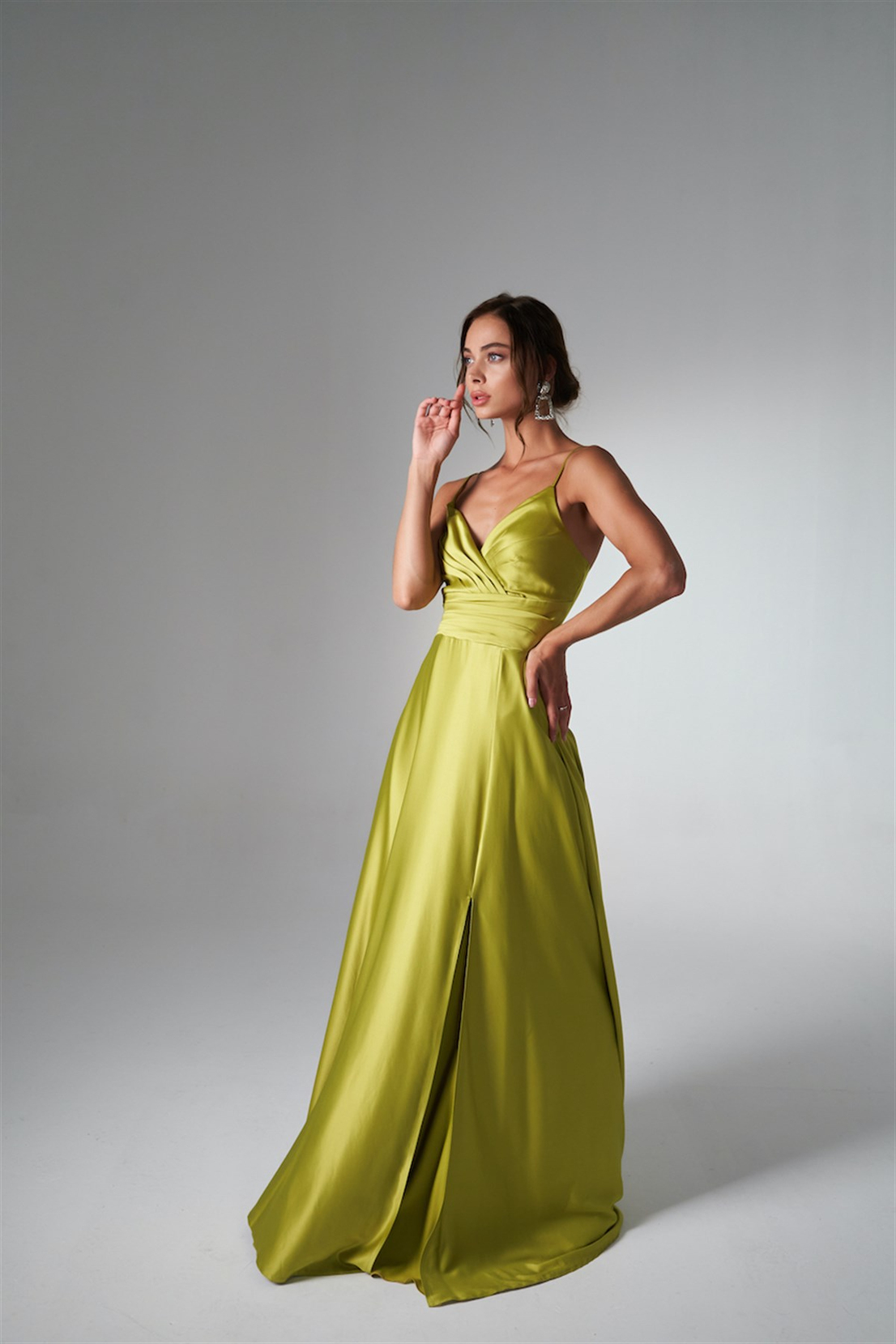 İpek Saten Askılı Elbise Yeşil